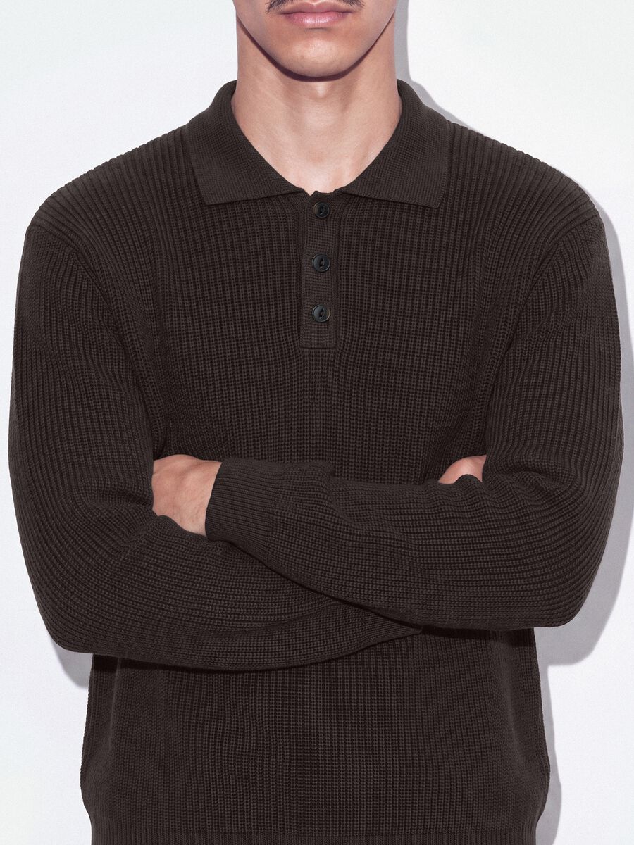 Brown pure cotton polo-collar jumper in oversized fit_2