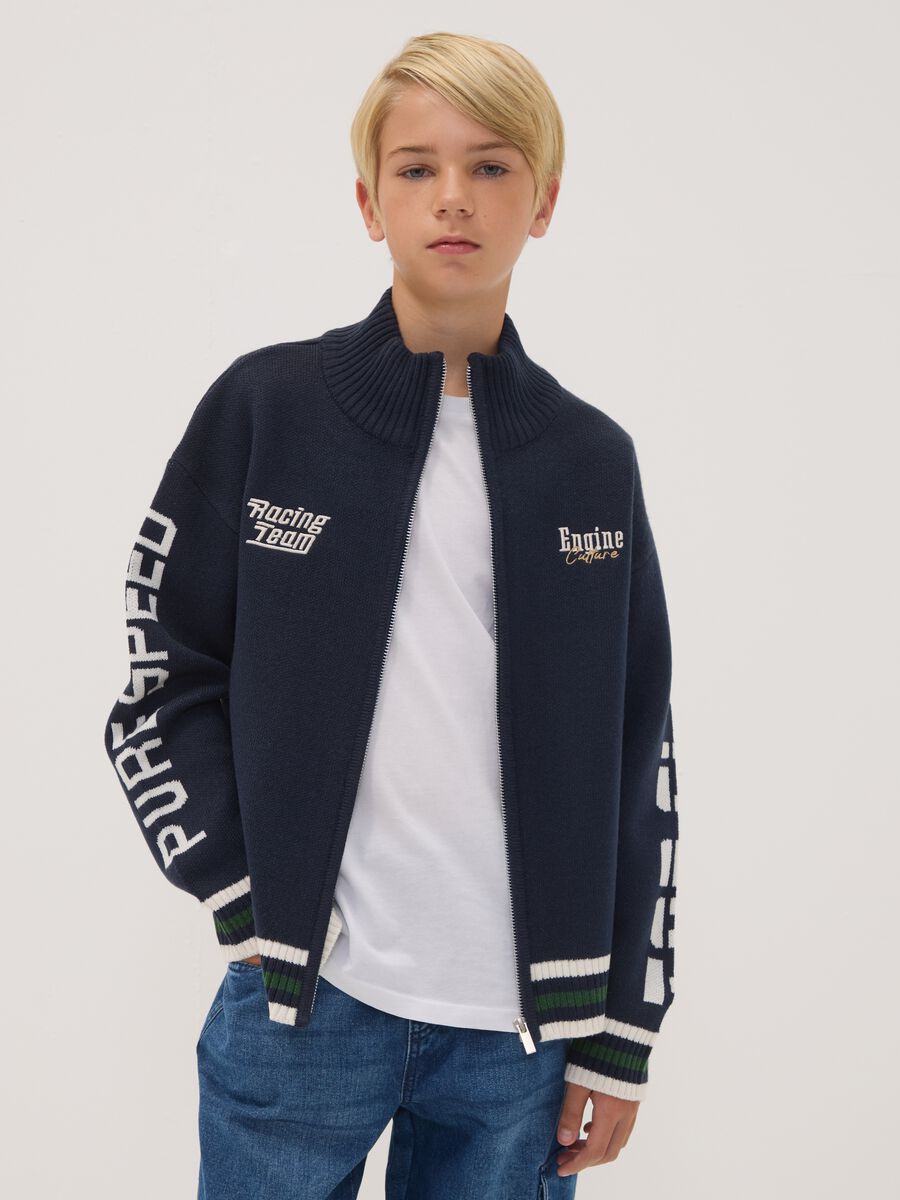 Blue zip-up cardigan with racing embroidery_1