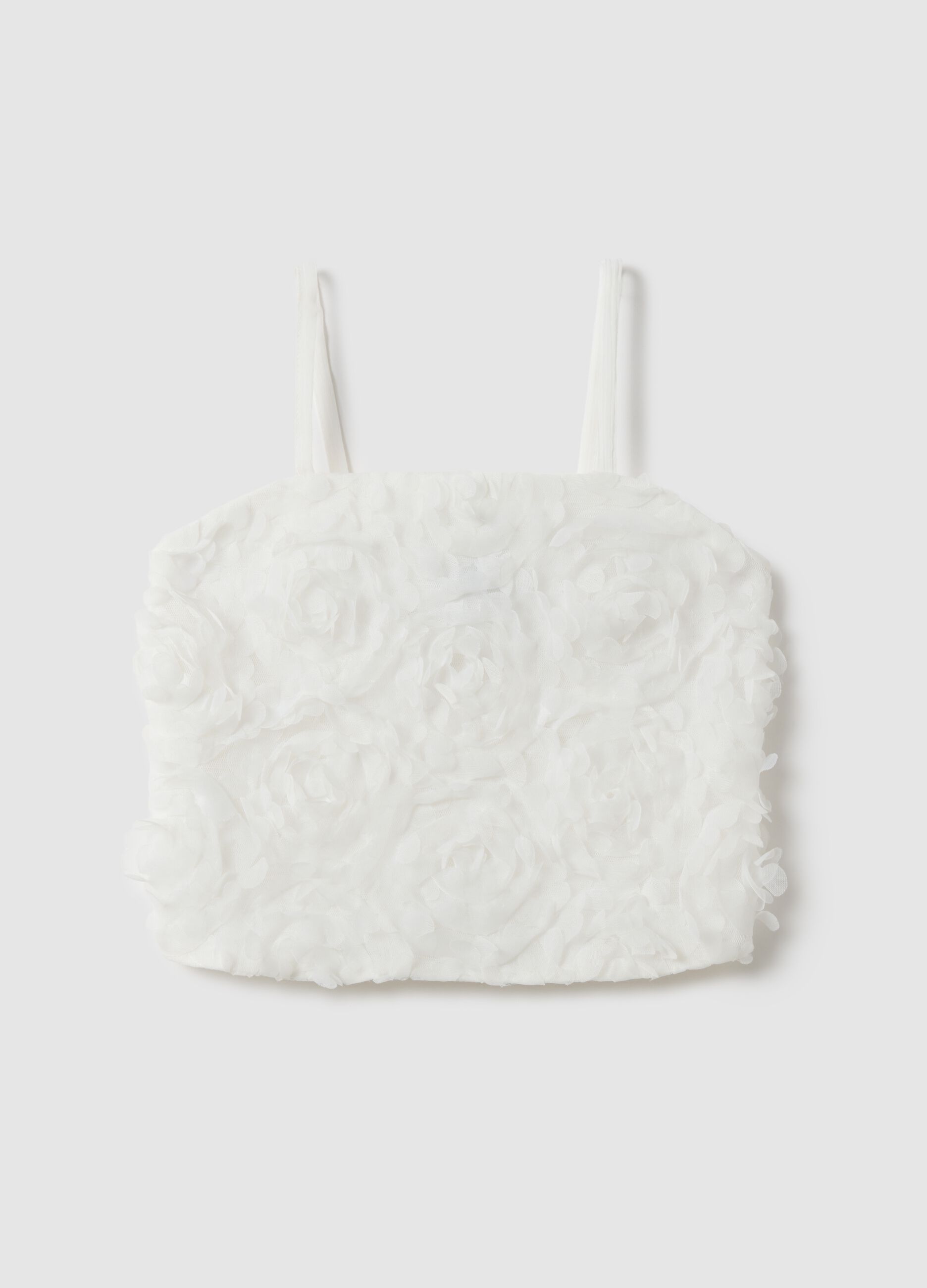 Girls' white regular fit tank top with floral texture