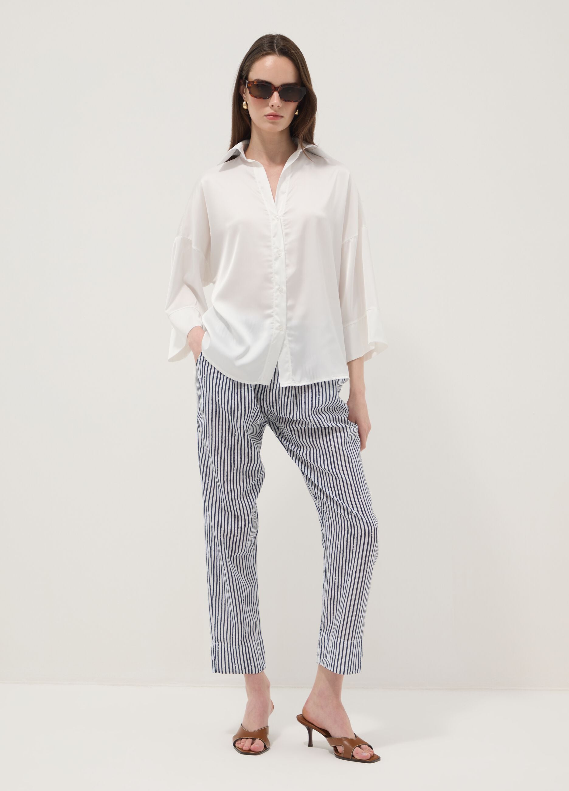 Blue striped pure cotton regular-fit trousers