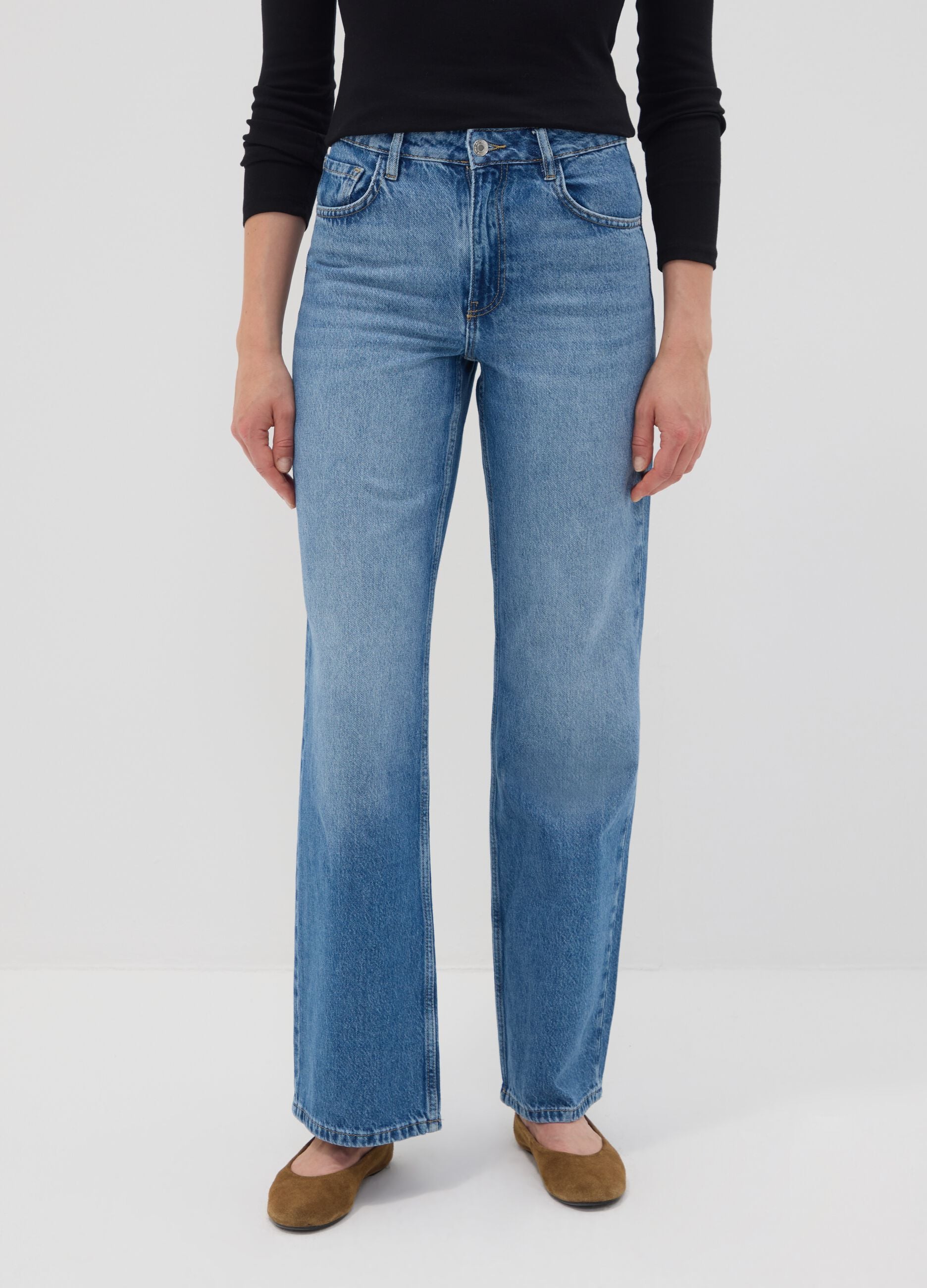 Light blue pure cotton high-waisted wide-leg denim jeans