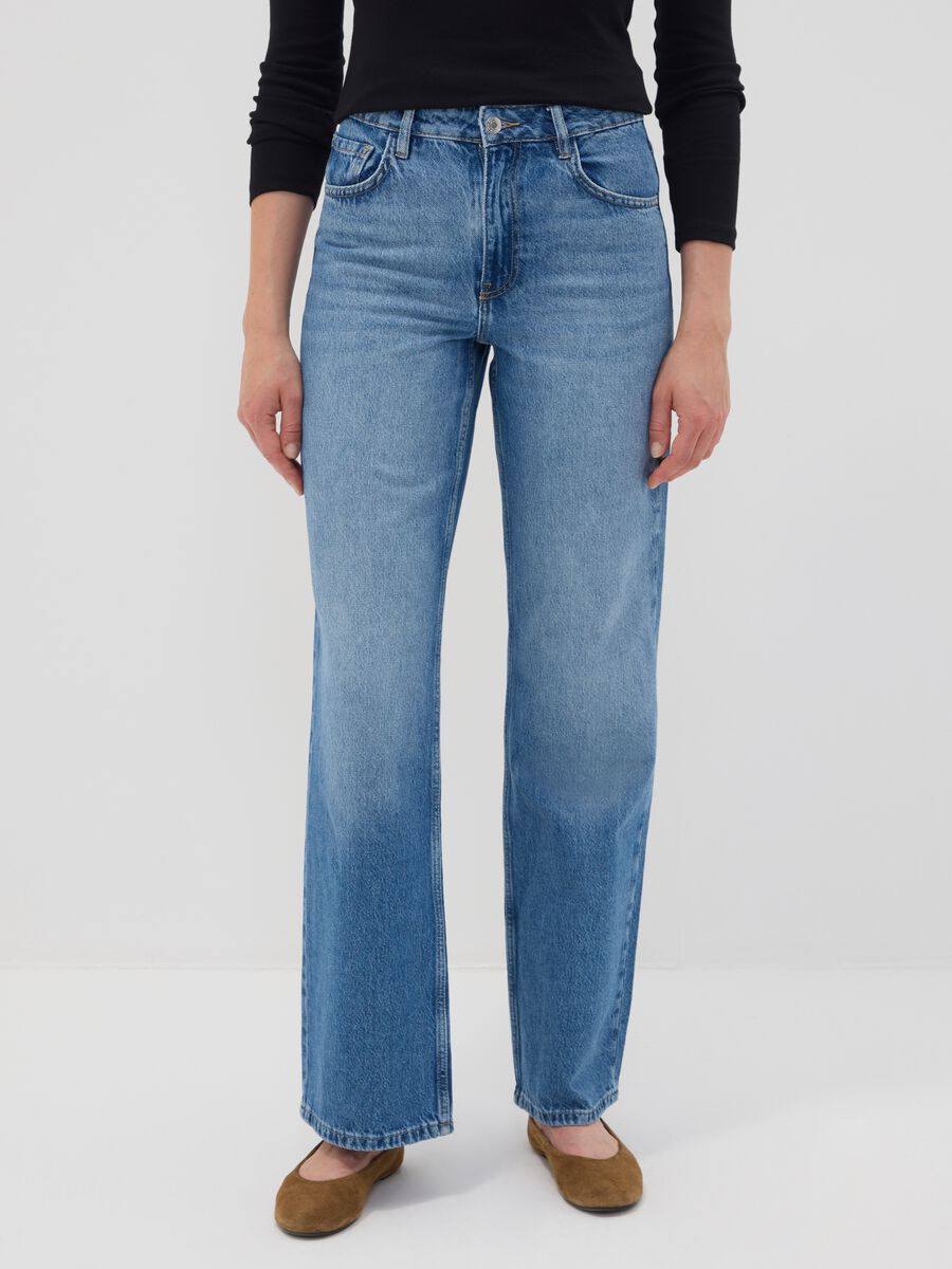 Light blue pure cotton high-waisted wide-leg denim jeans_1