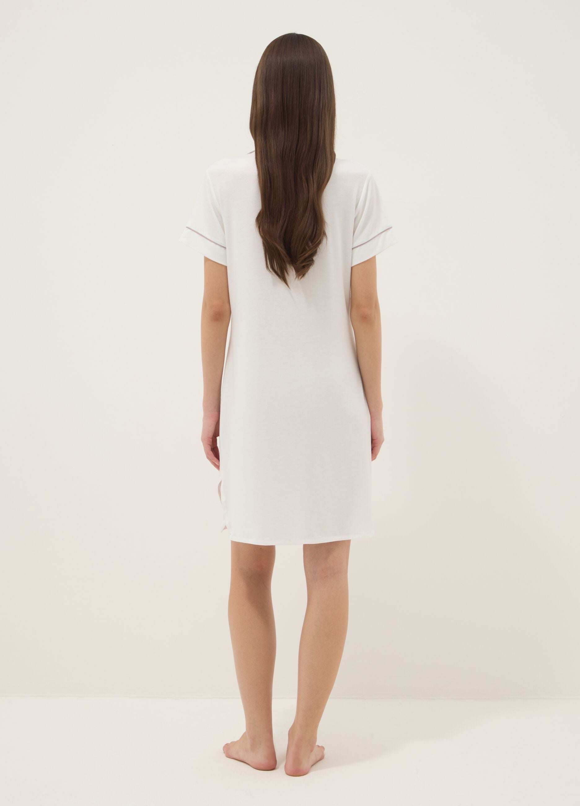 White Stretch Viscose Blend Nightdress with V-Neck