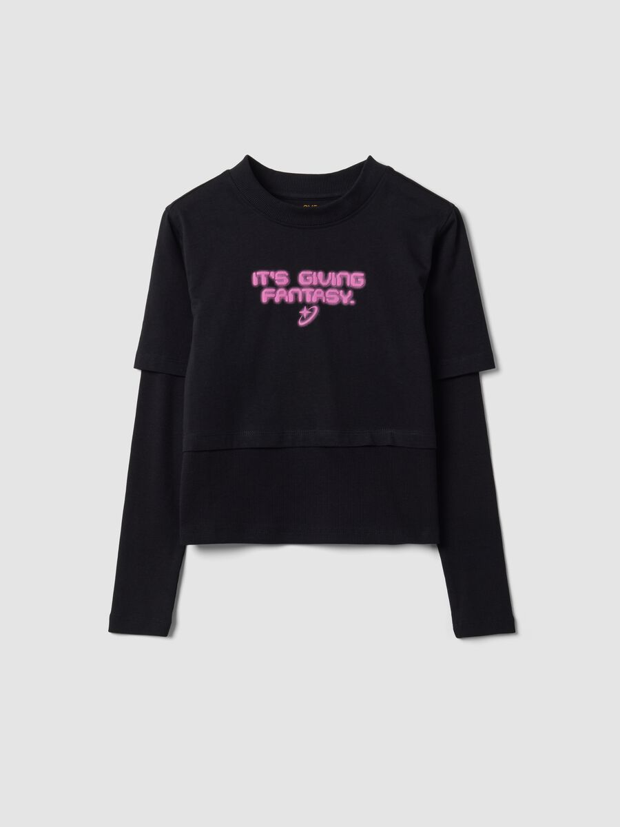 Black pure cotton T-shirt with ribbed crew neck and boxy fit print_3