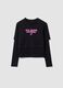 T-shirt noir en pur coton avec col c&ocirc;tel&eacute; et imprim&eacute;, coupe boxy_3