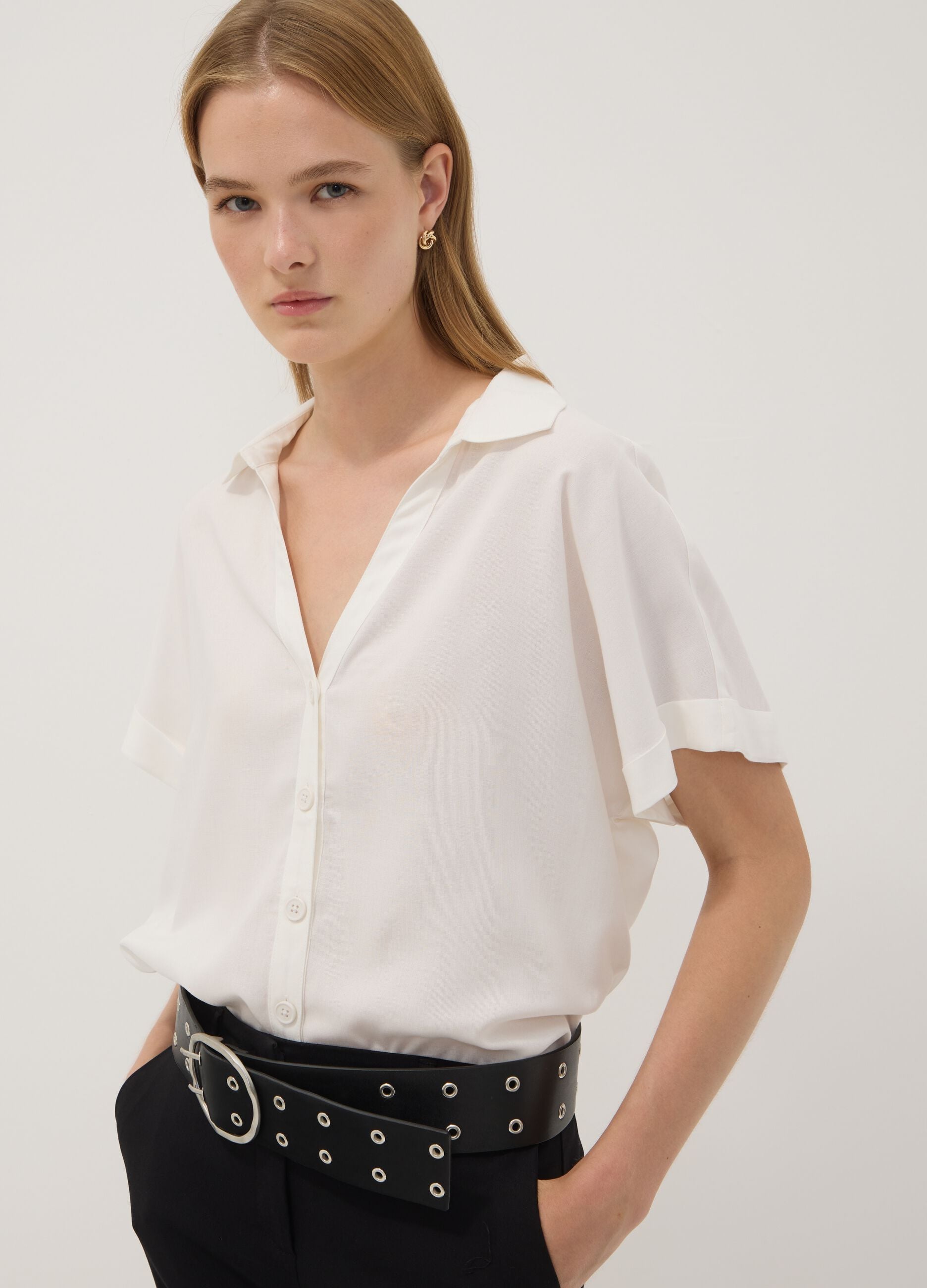White pure viscose short-sleeve oversized shirt