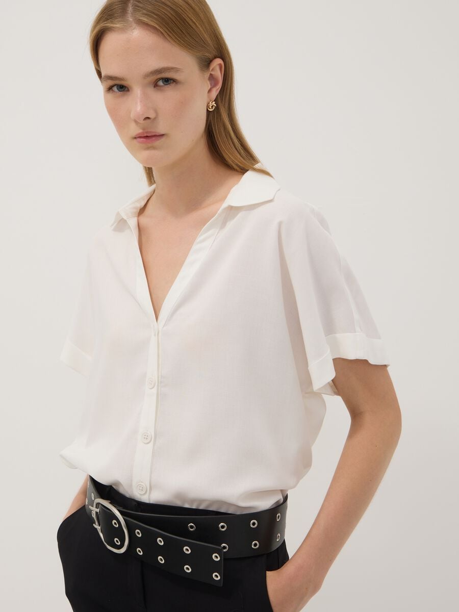 White pure viscose short-sleeve oversized shirt_0