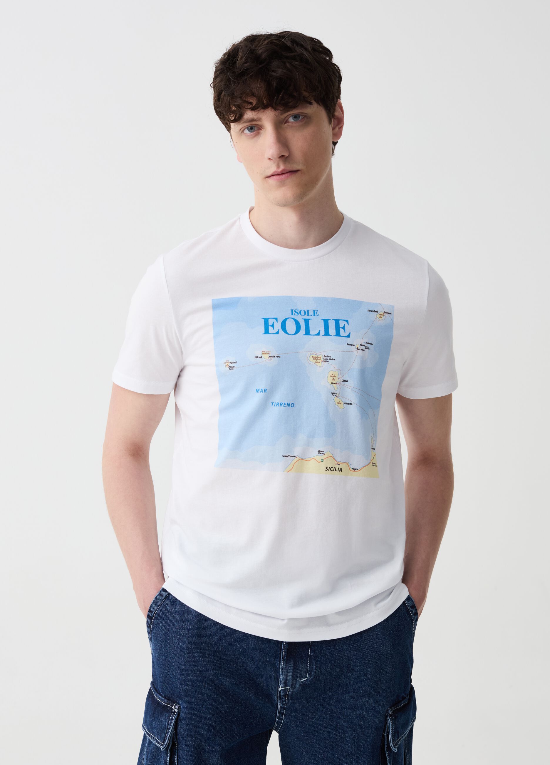 Cotton T-shirt with Aeolian Islands print