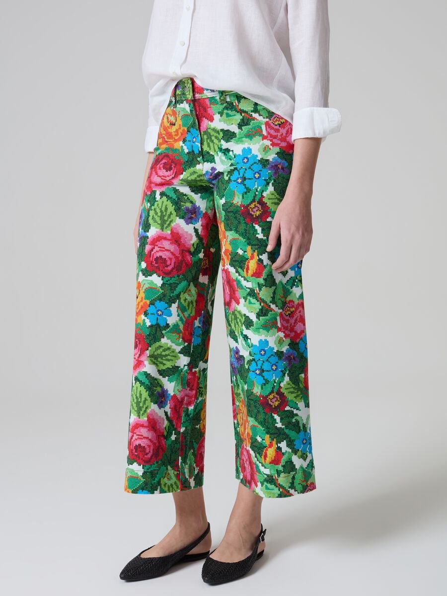 Embroidery-effect floral wide-leg trousers_4