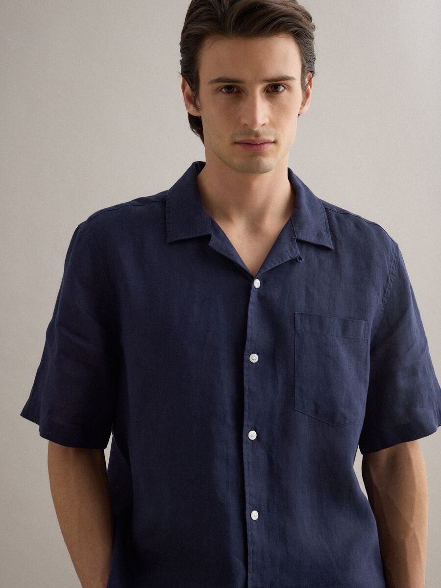 Blue short sleeve pure linen regular fit shirt with chest pocket_3