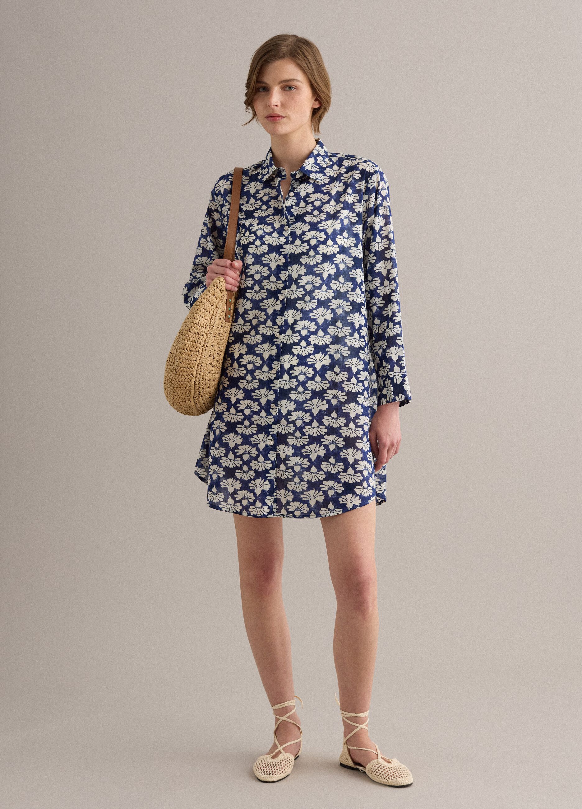 Blue pure cotton kaftan with floral print