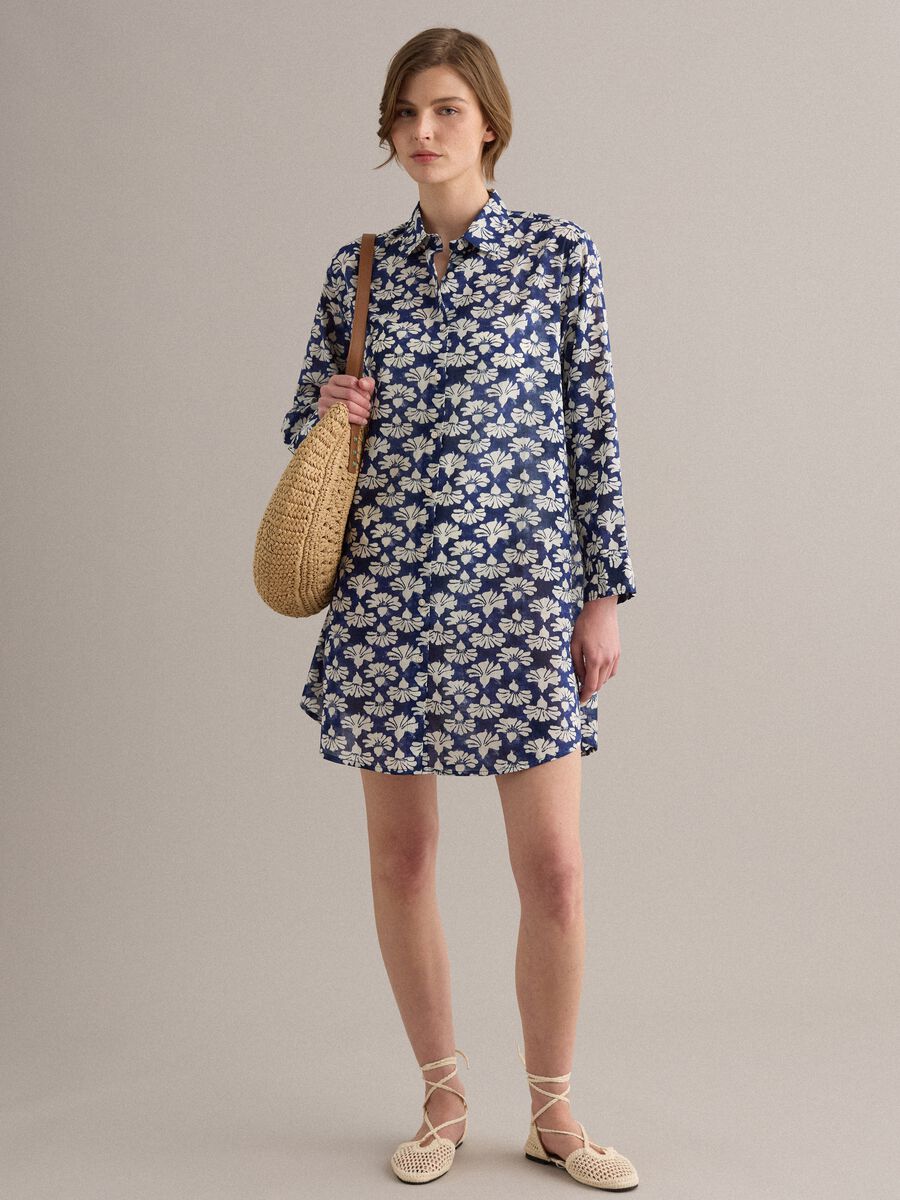Caftan bleu en pur coton &agrave; imprim&eacute; floral_1