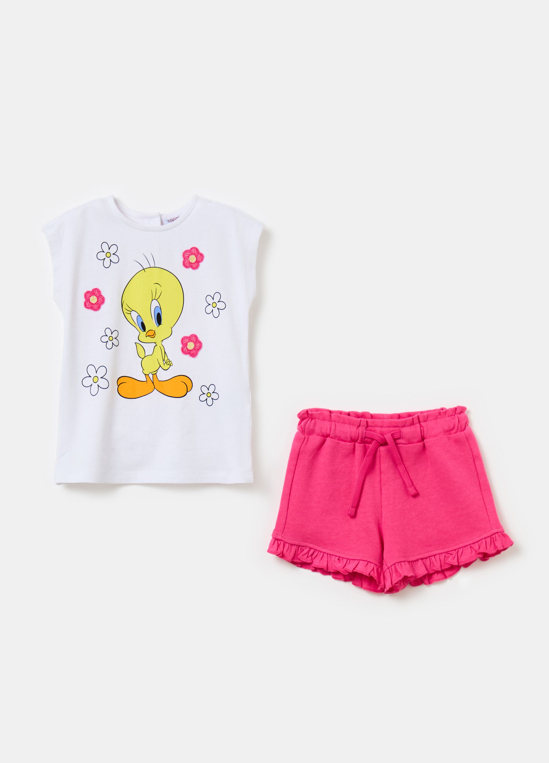 Jogging set with Tweety print and crochet flowers