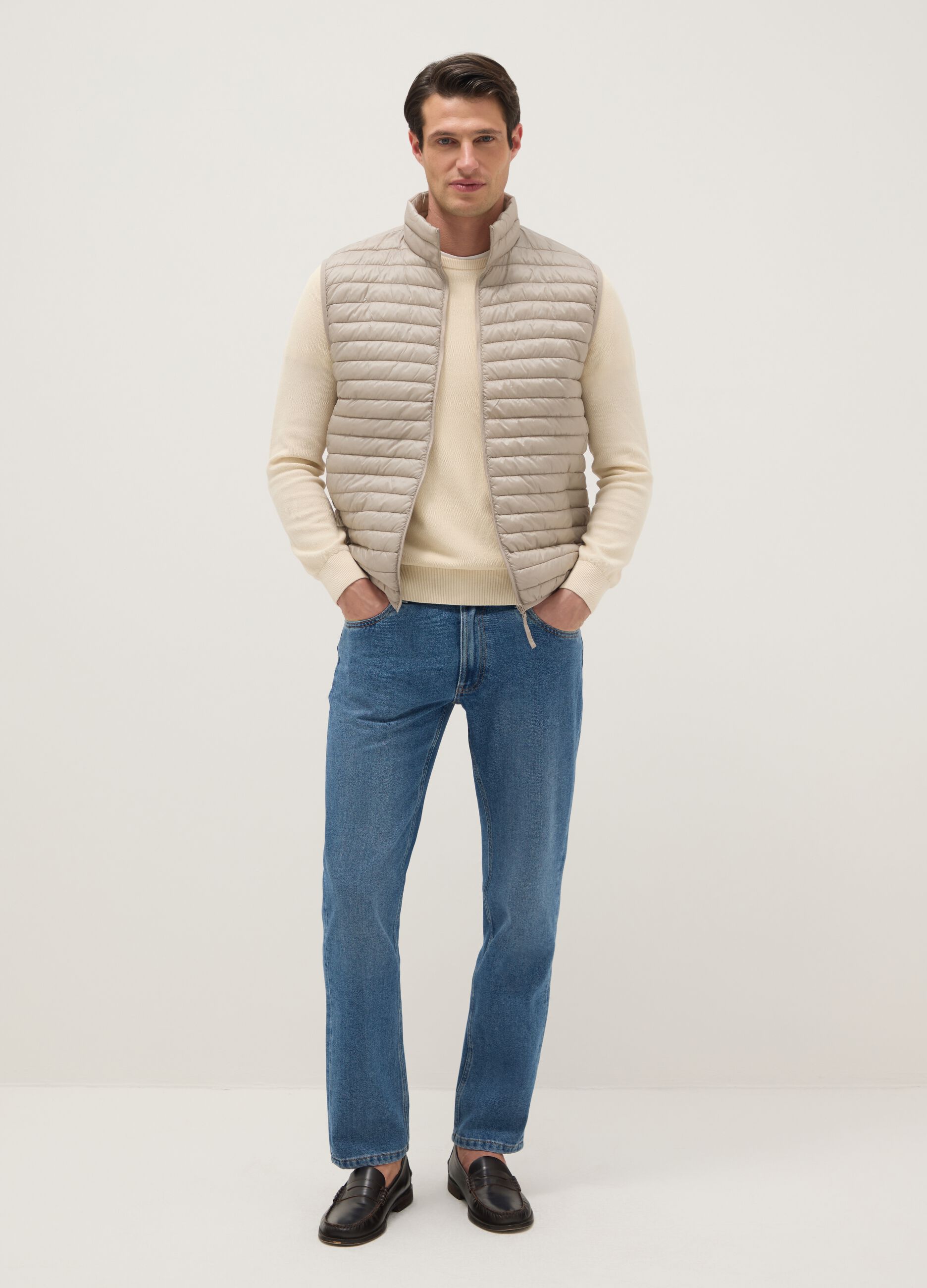 Ultra-light beige regular fit gilet without hood