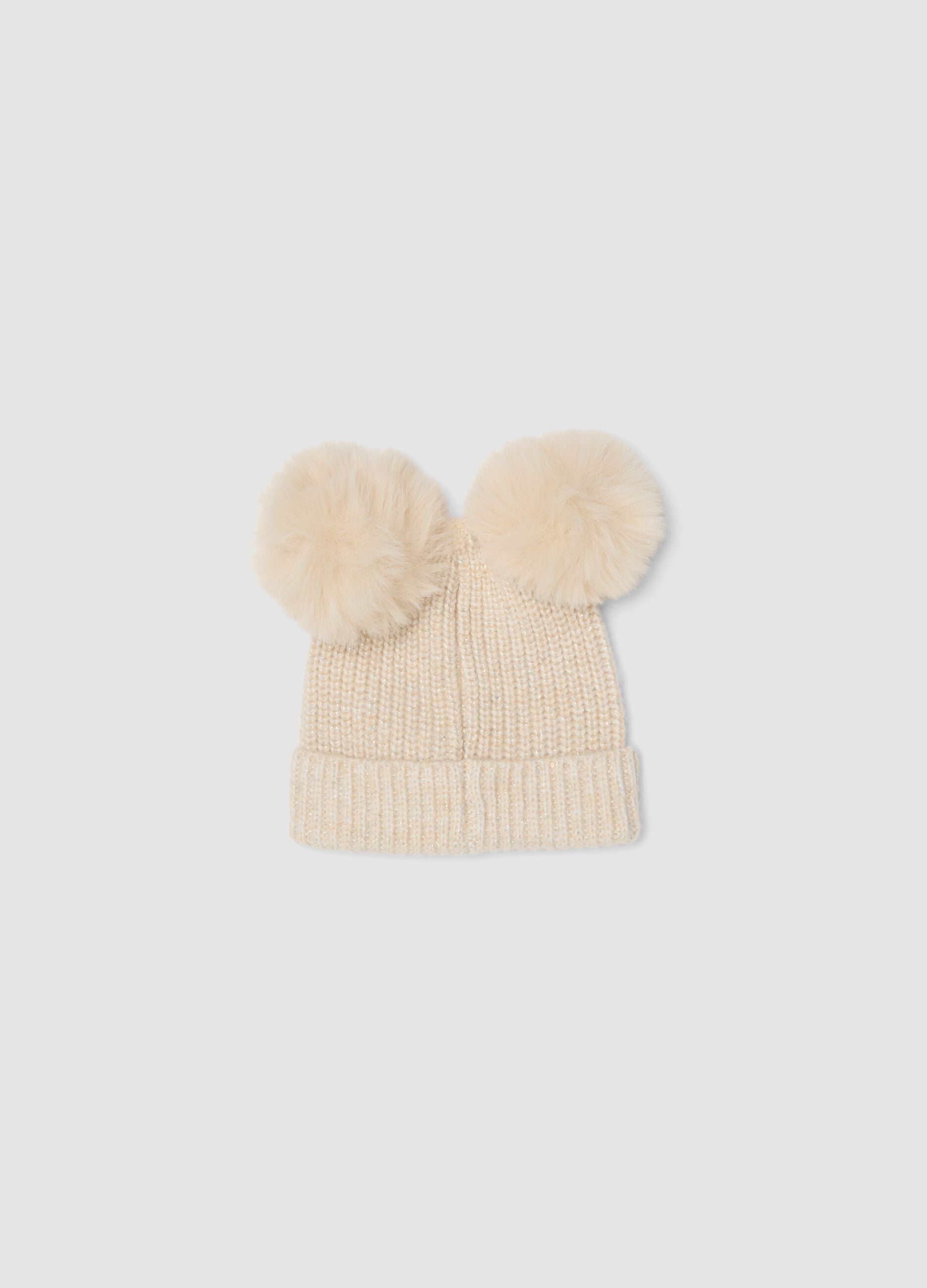 White wool-blend hat with two pom-poms and Minnie embroidery