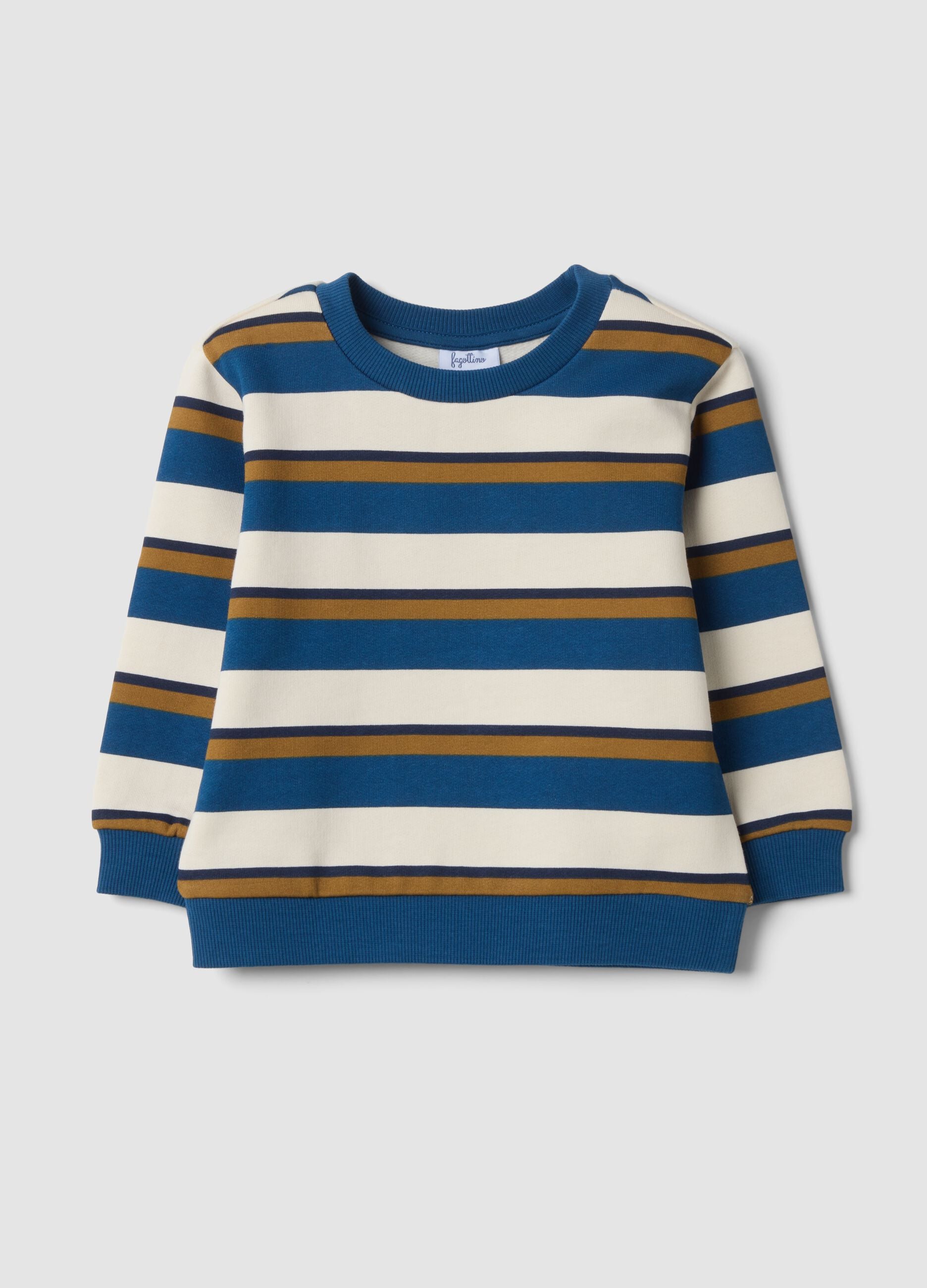 Sweatshirt marfim, azul e castanho tabaco em algod&atilde;o puro com decote redondo