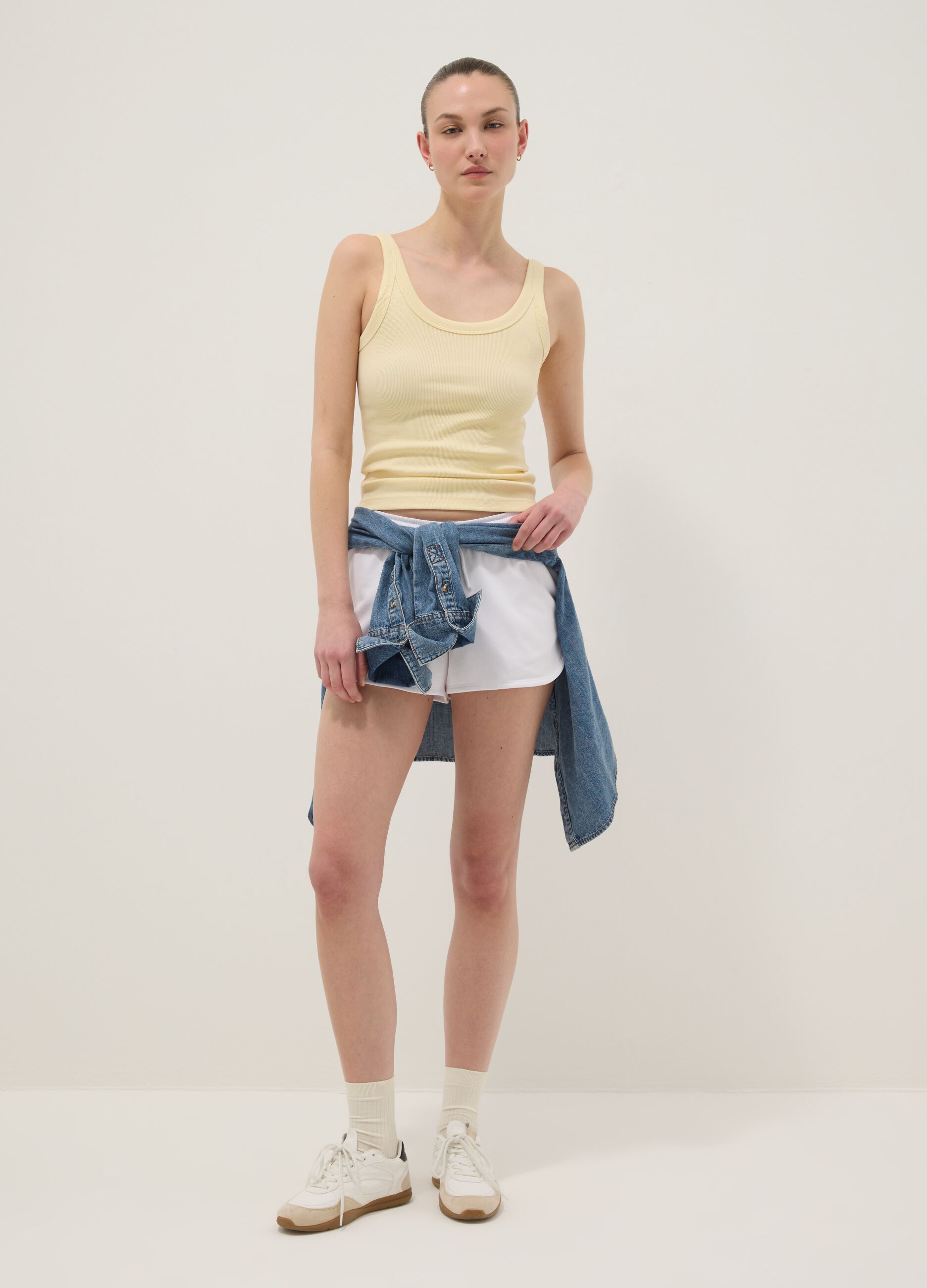 Yellow ribbed stretch cotton tank top