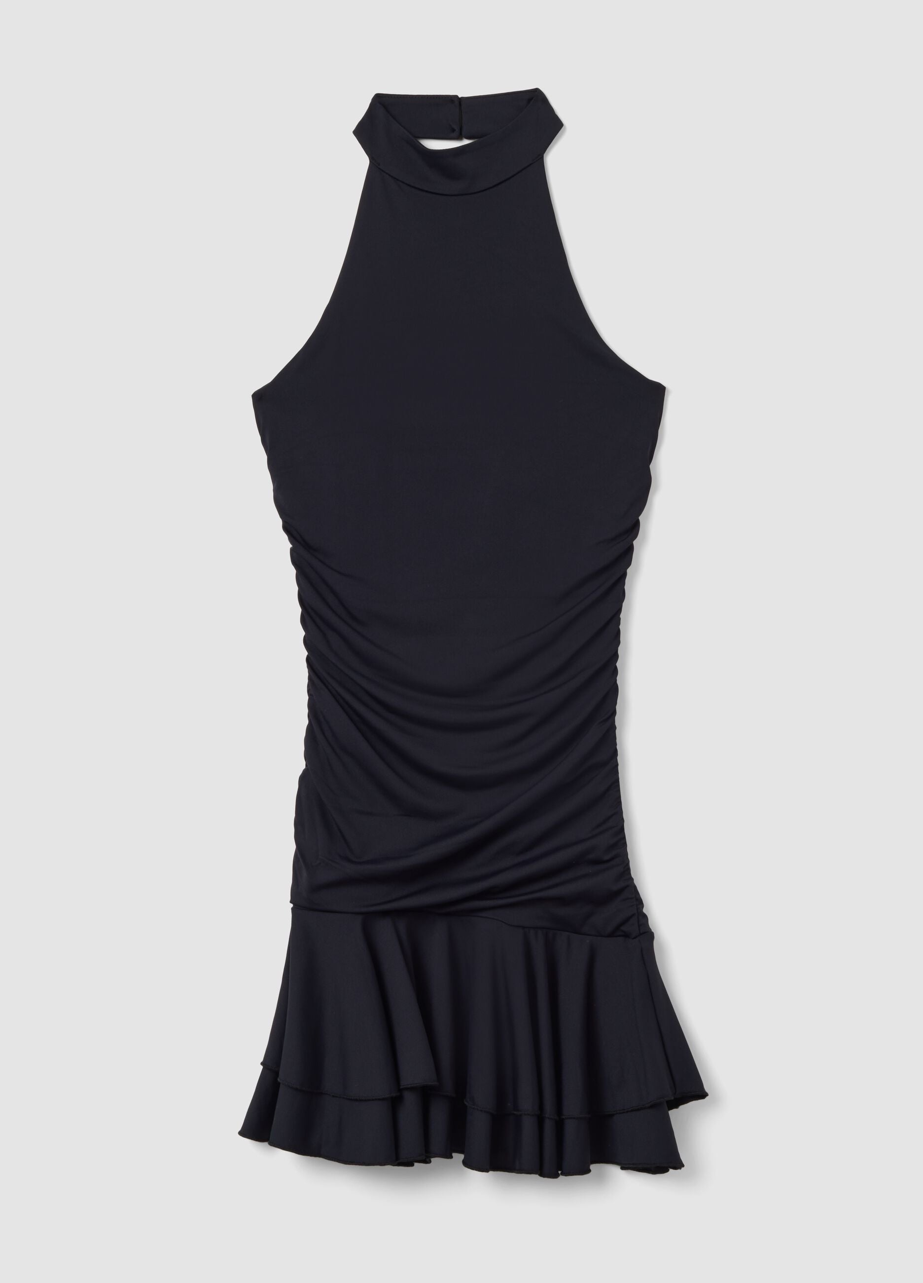 Schwarzes Stretchkleid mit Stehkragen und Volantabschluss