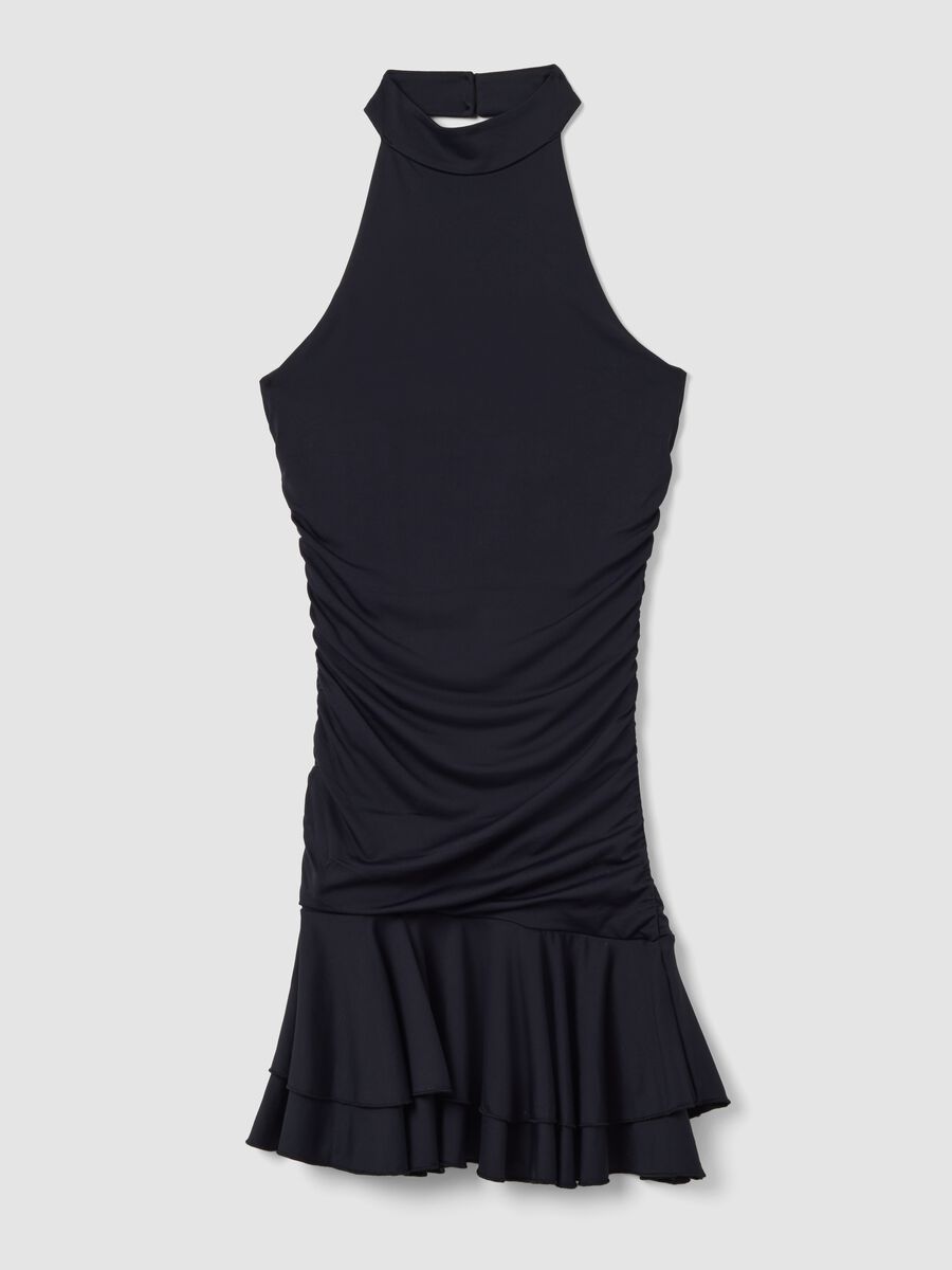 Black stretch dress with high neck and ruffle hem_4