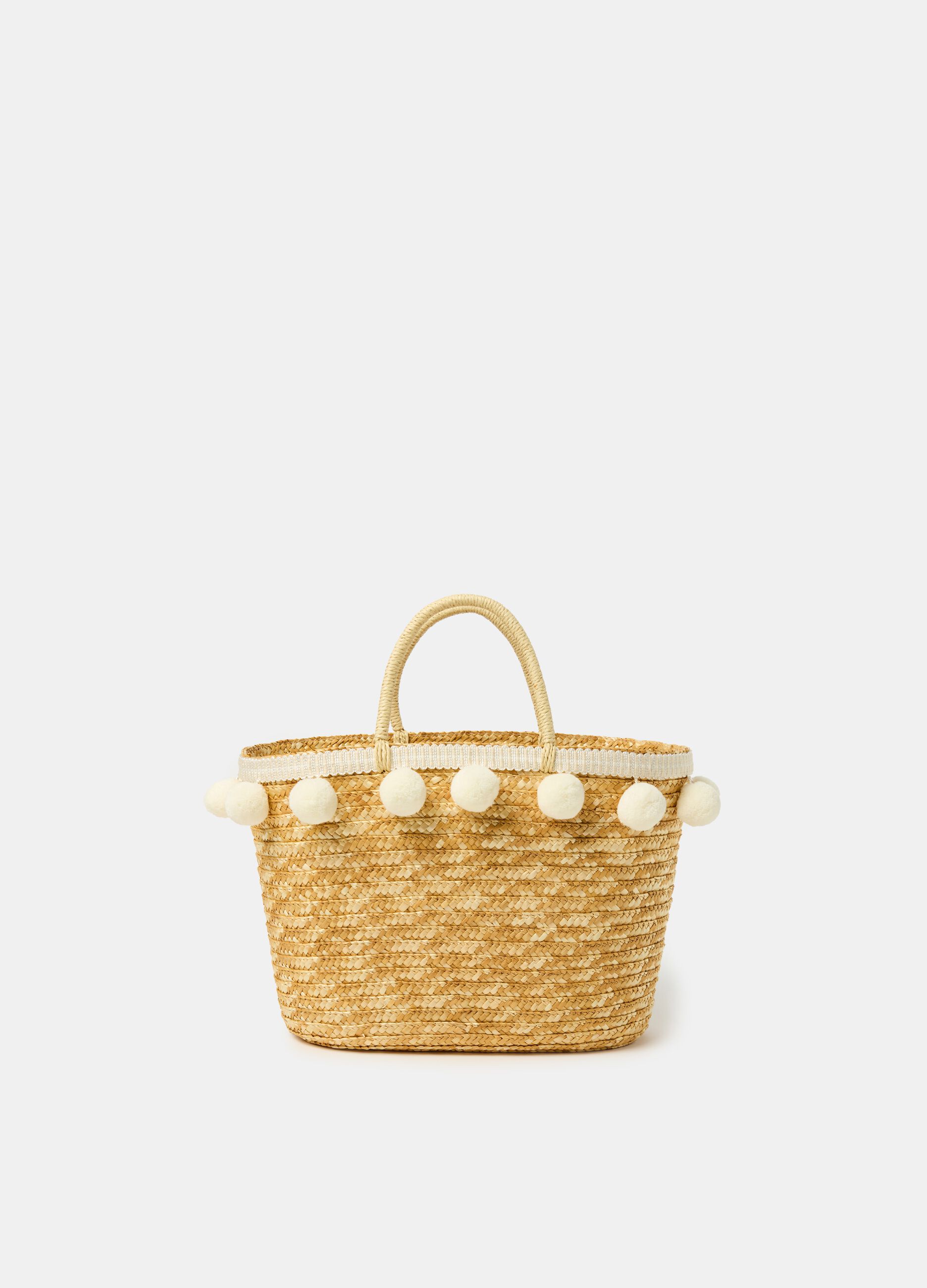 Positano straw bag with pompoms
