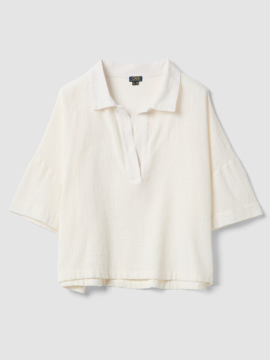 Short white pure cotton kaftan with V-neck_4