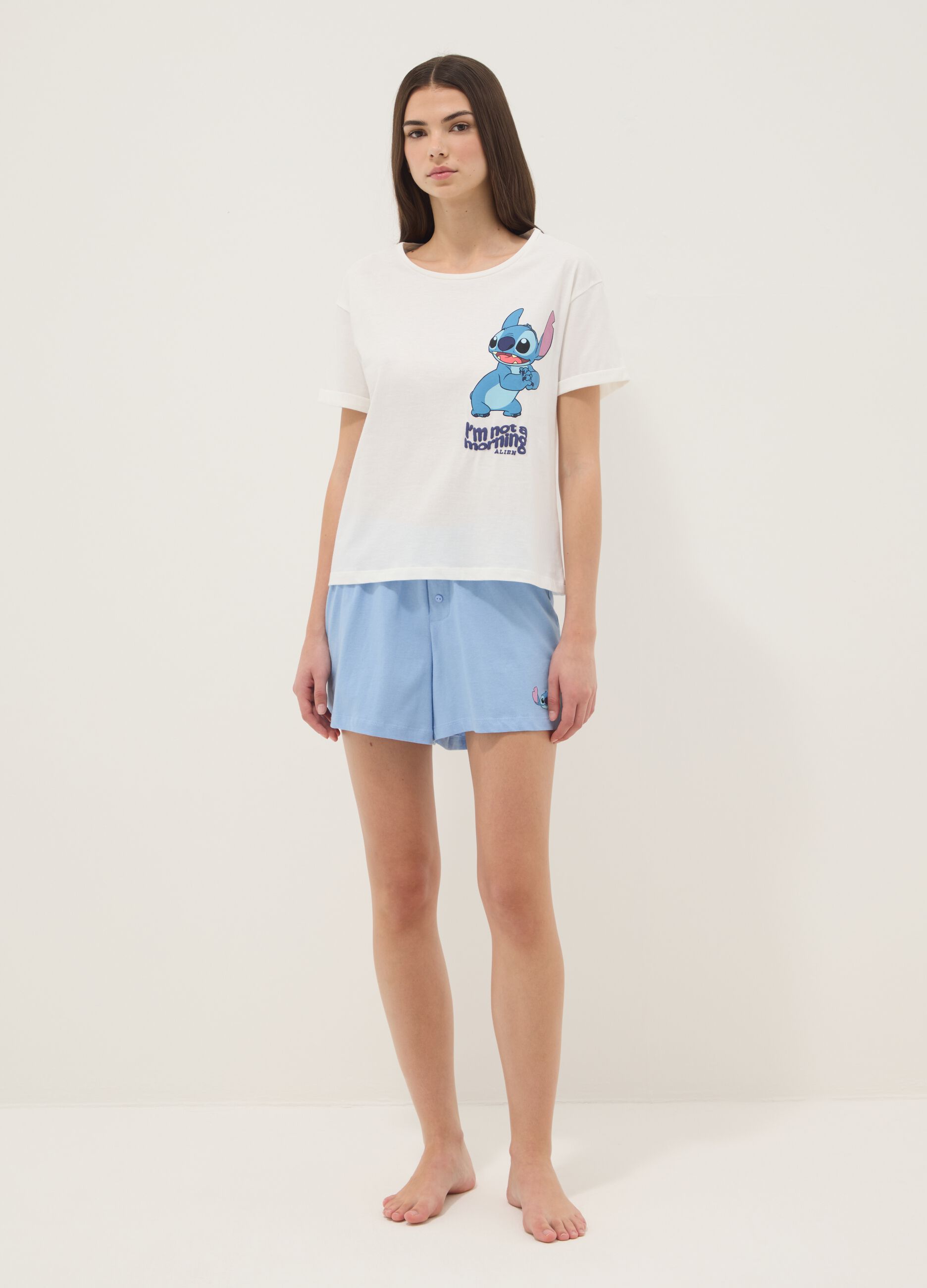White and light blue short pure cotton pyjamas with Stitch print