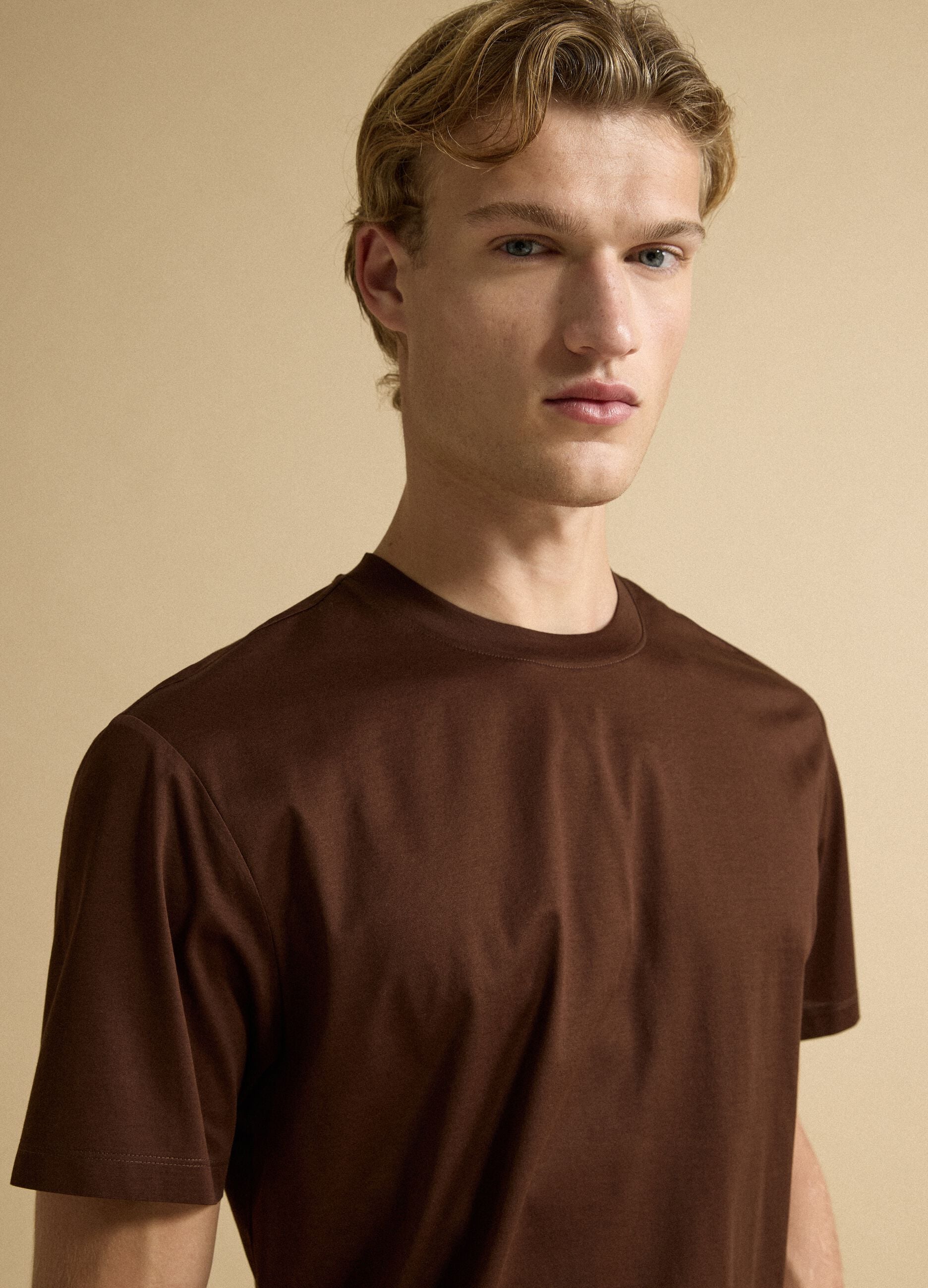 Brown pure cotton jersey T-shirt with relaxed fit crew neck