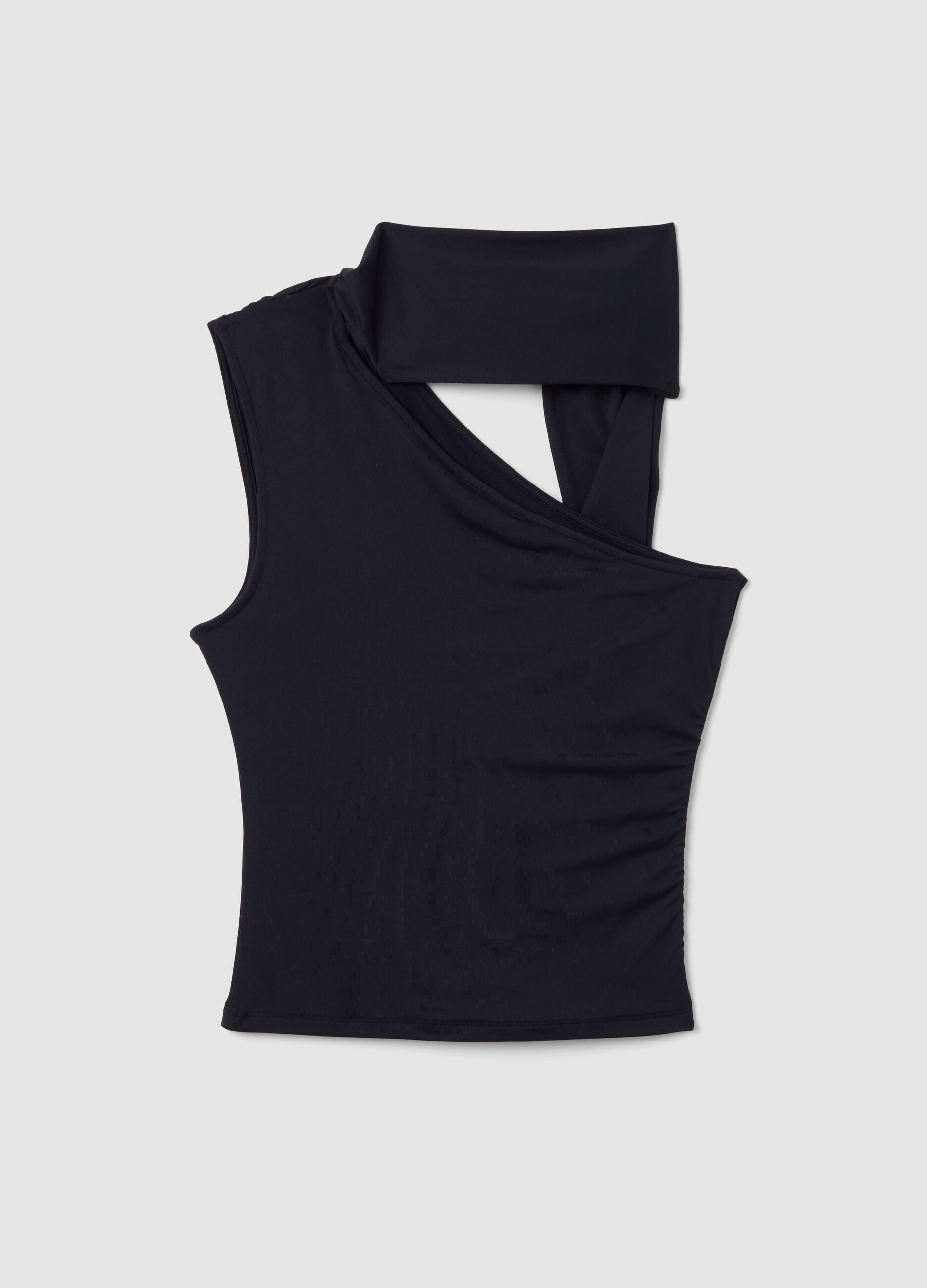 Black stretch top with asymmetric neckline and draped band