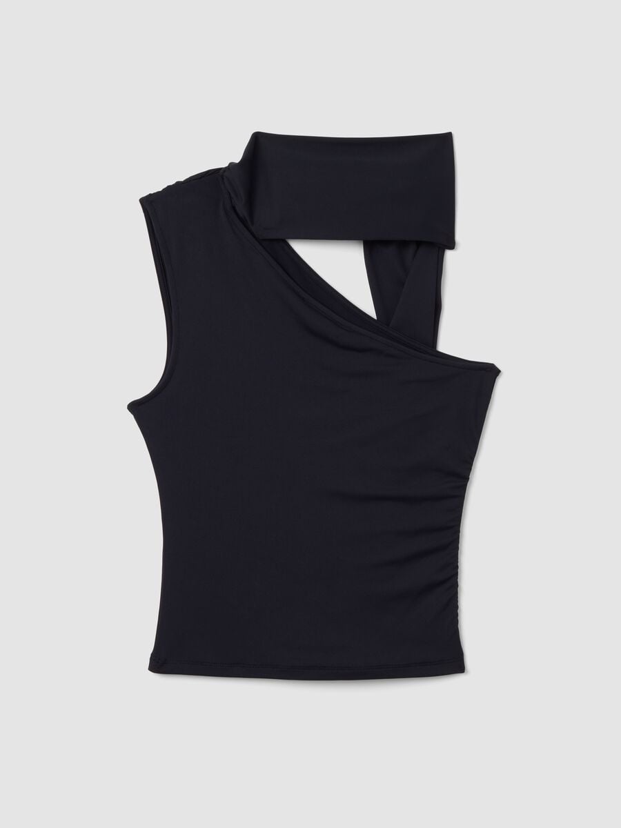 Black stretch top with asymmetric neckline and draped band_5