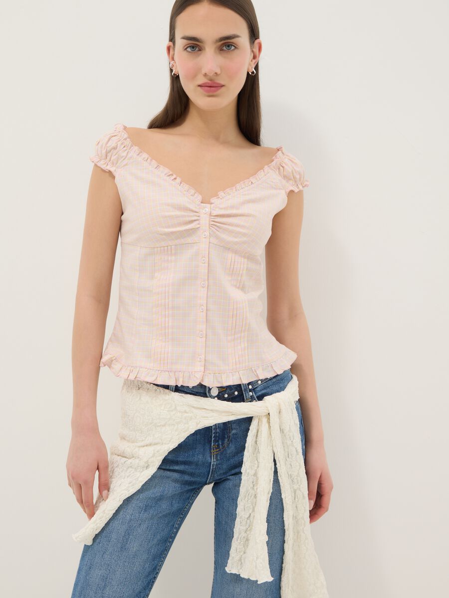 Pink organic cotton blouse with buttons and ruffles_0