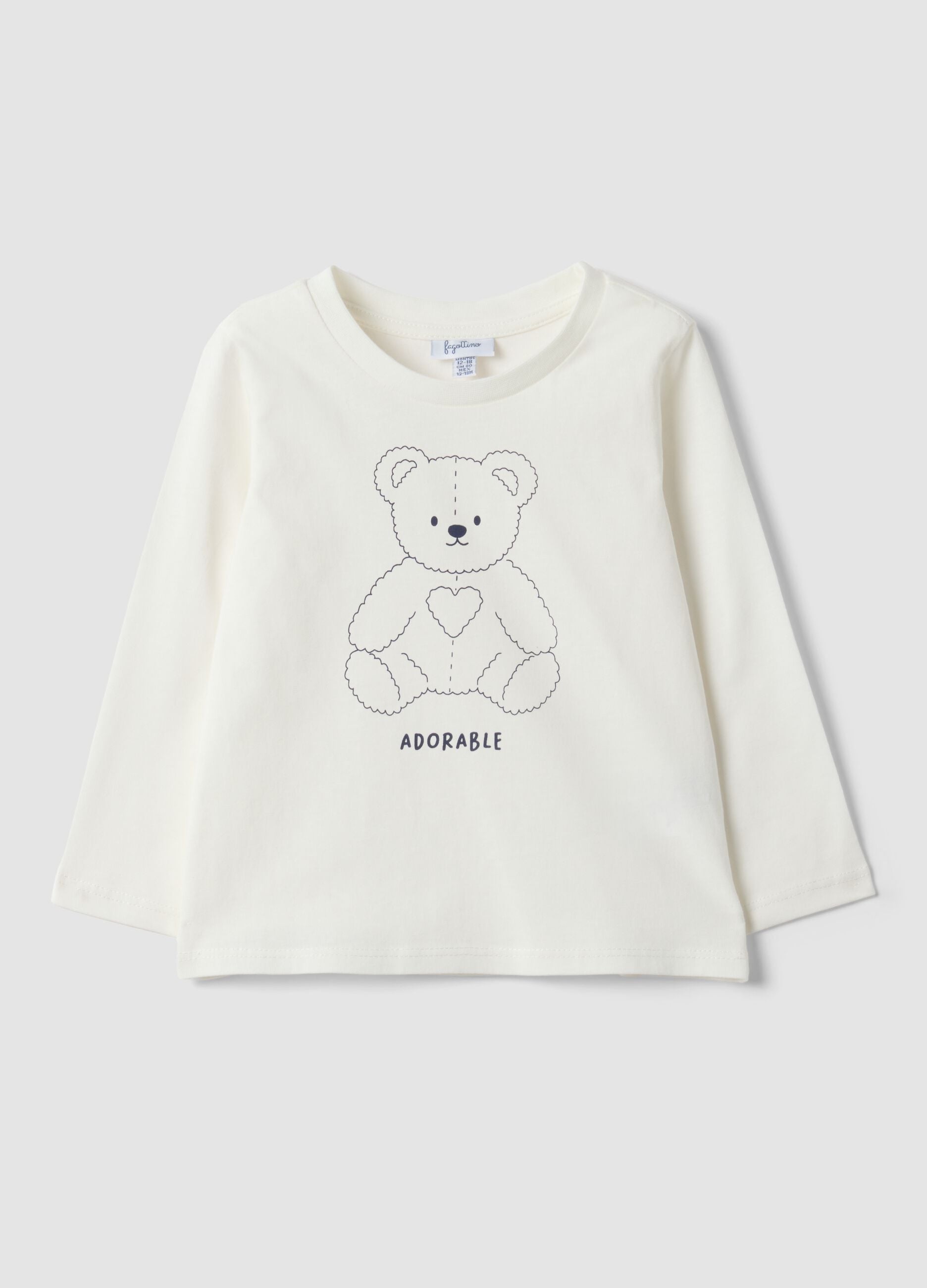 White pure organic cotton T-shirt with teddy bear print for baby girl