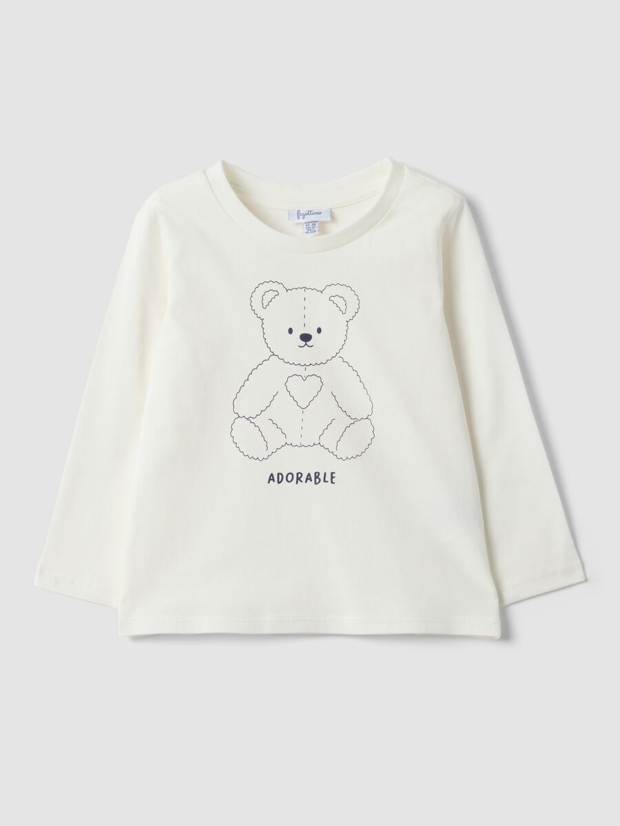 White pure organic cotton T-shirt with teddy bear print for baby girl_0