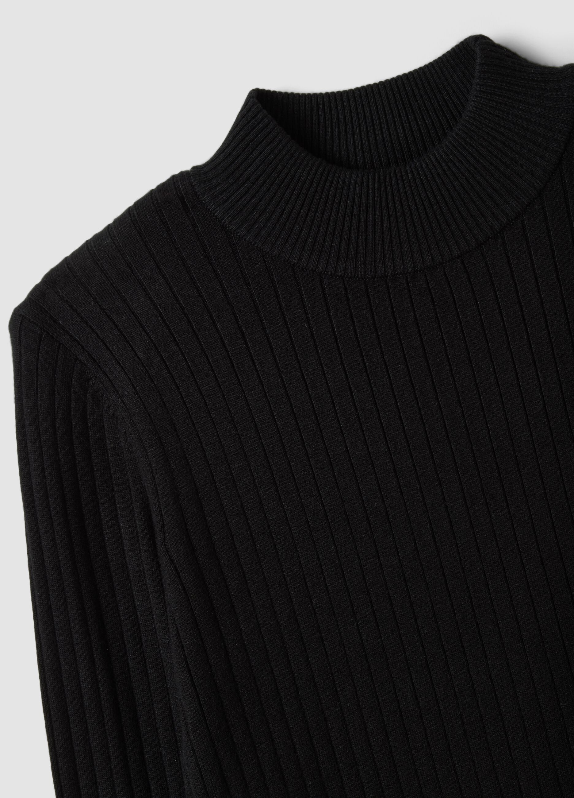 Black ribbed viscose-blend fitted top with high neck