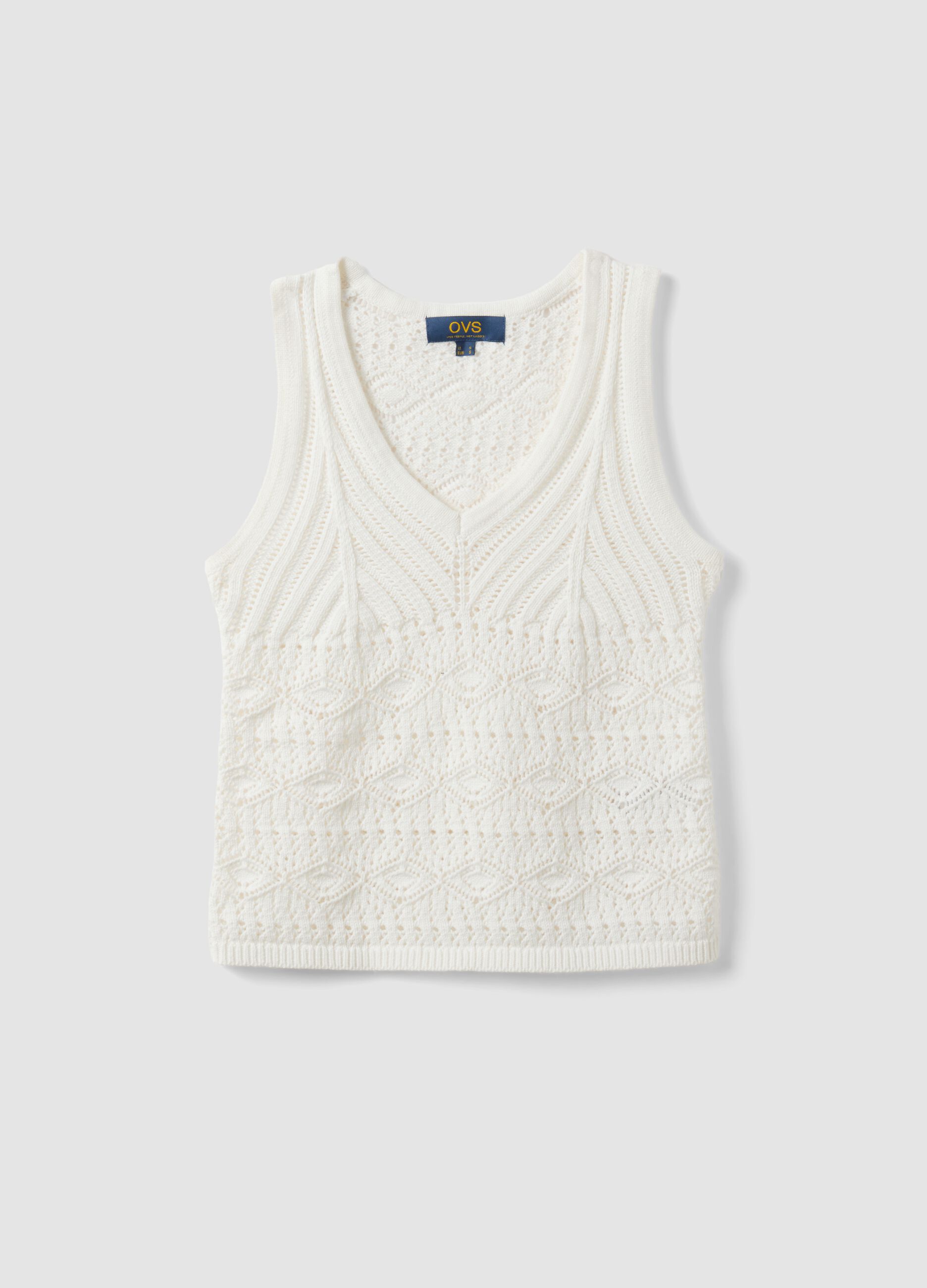 Wei&szlig;es Regular-Fit Tanktop aus reiner Baumwolle mit Lochstrickmuster