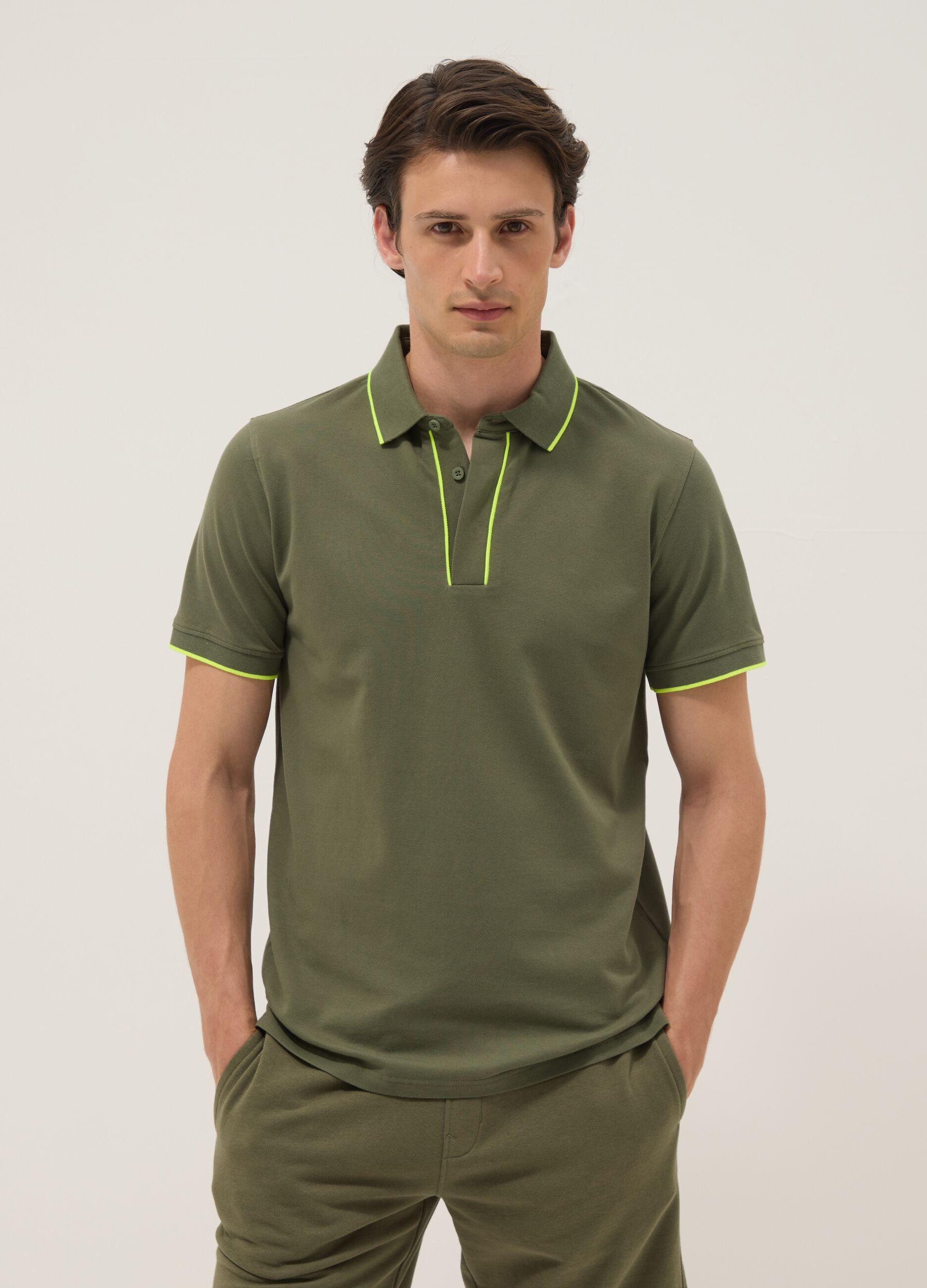Green stretch cotton polo shirt with classic collar