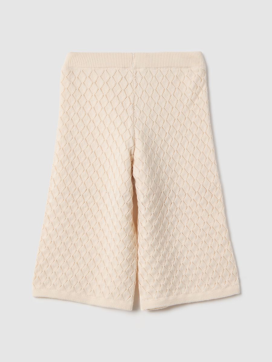 Beige pure cotton trousers for girls with regular fit and perforated pattern_1