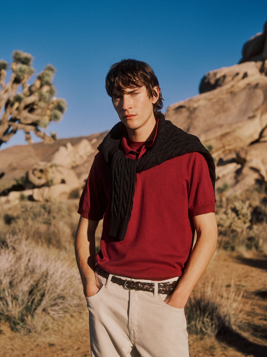 Red regular fit polo shirt in a cotton, linen and silk blend_0