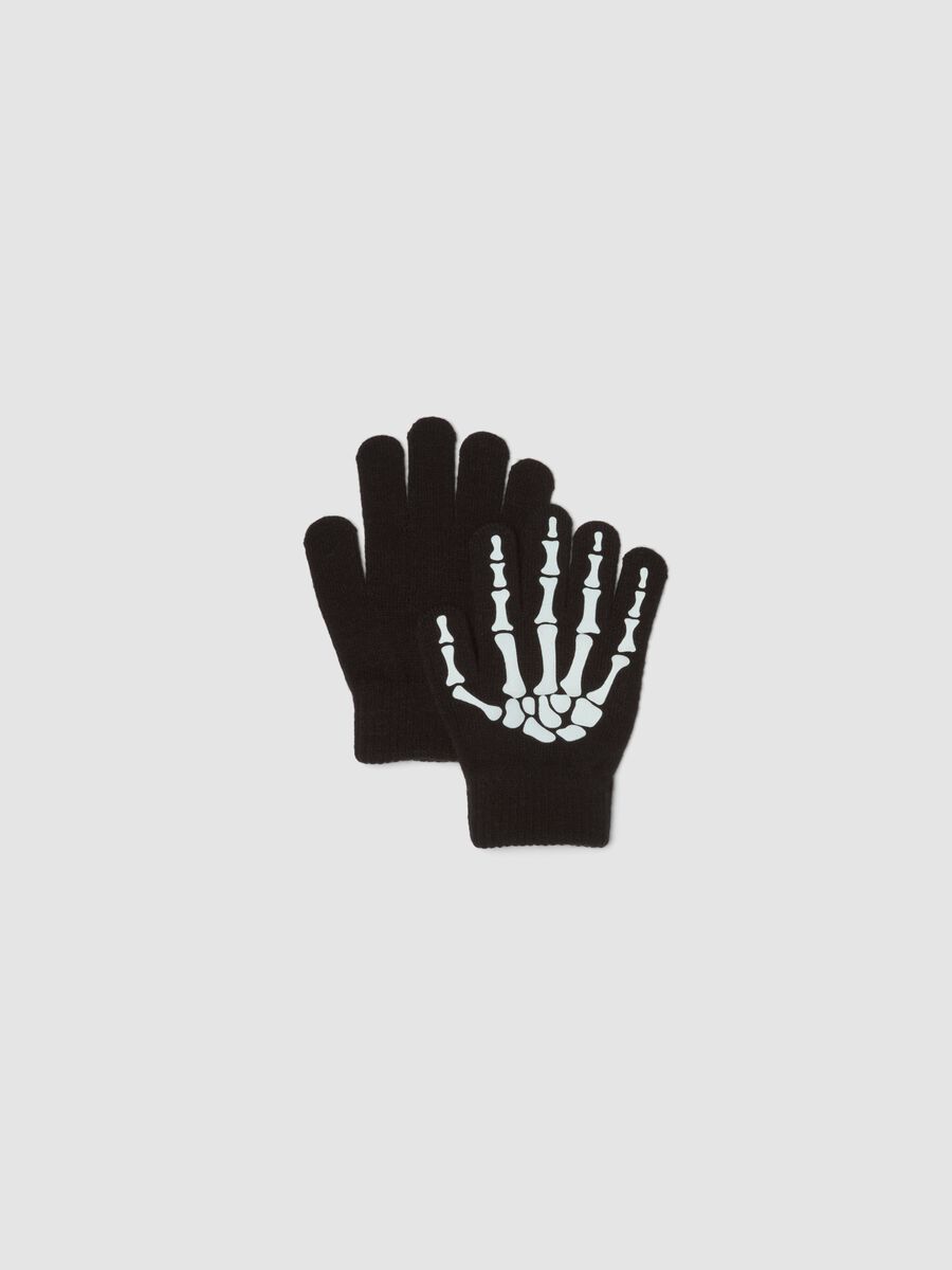 Black stretch-fabric gloves with skeleton print_0
