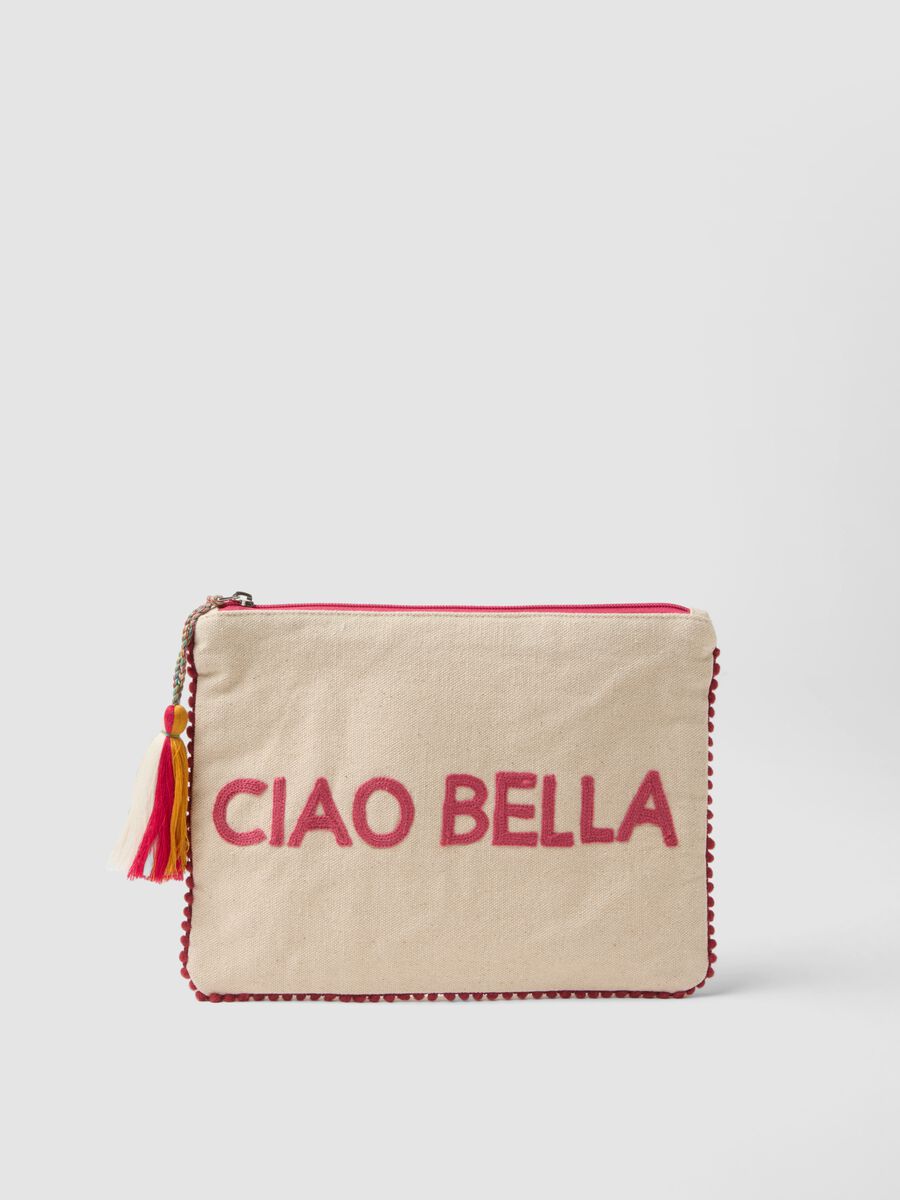 Beige pure cotton pouch with tassel and zip_0