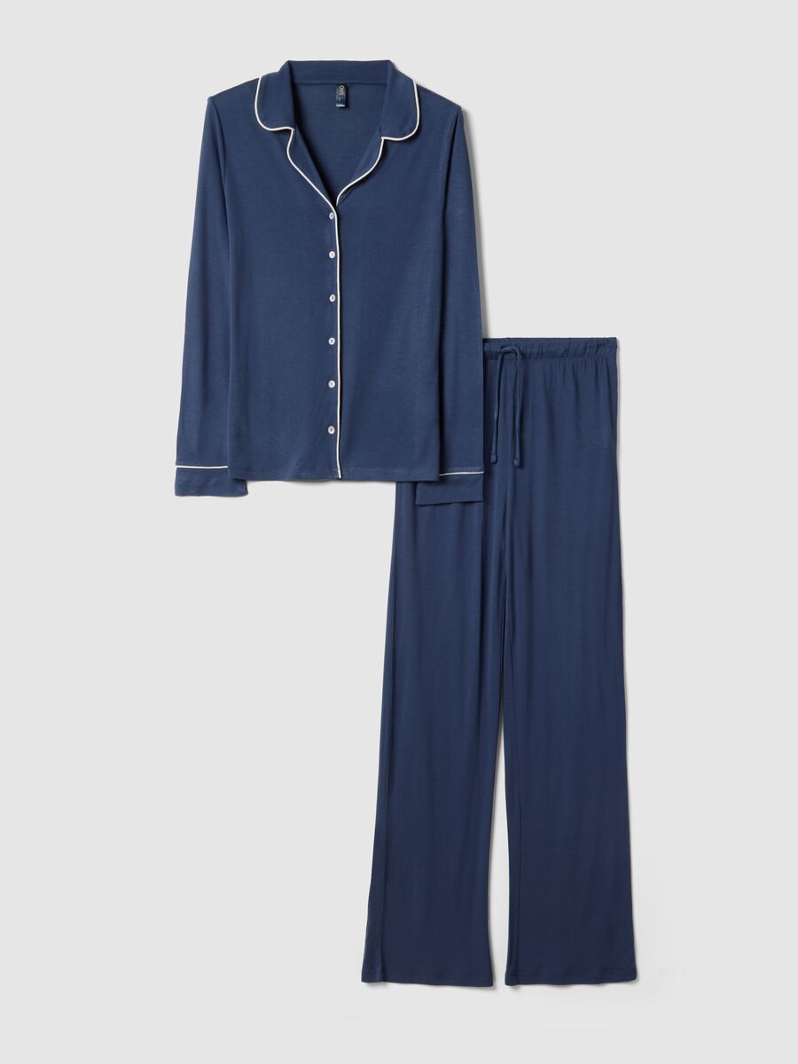 Regular fit blue viscose pyjamas with V-neck_0