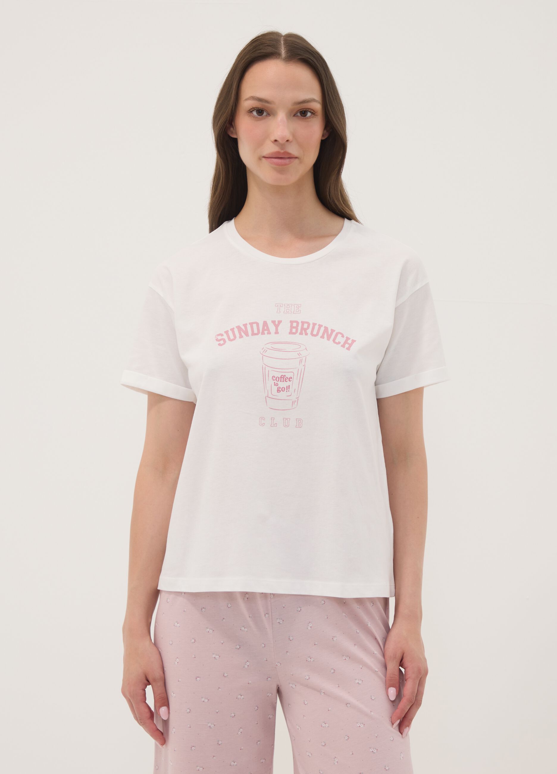 Wei&szlig;es Pyjama-T-Shirt aus Bio-Baumwolle mit Frontprint