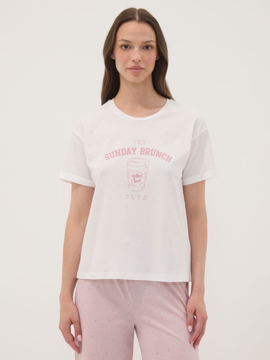White organic cotton pyjama T-shirt with front slogan_1