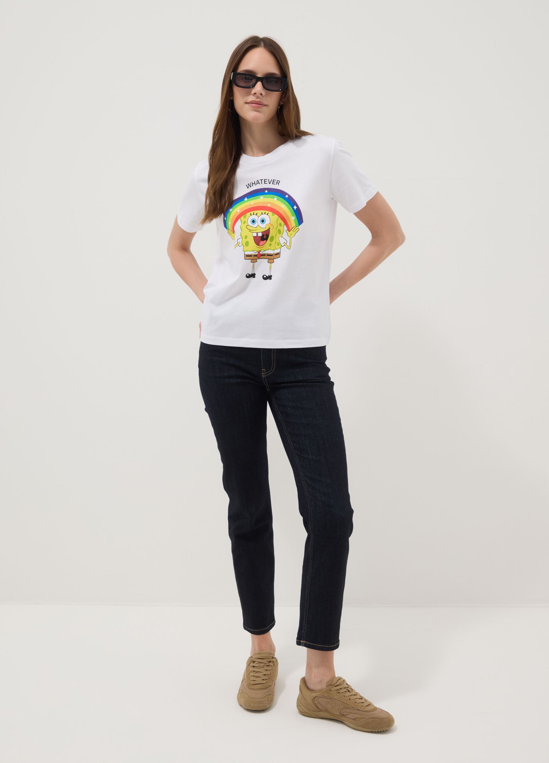 White pure cotton regular fit T-shirt with SpongeBob print