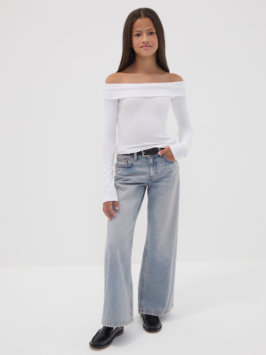 Light blue wide-leg denim jeans in pure cotton for girls_0
