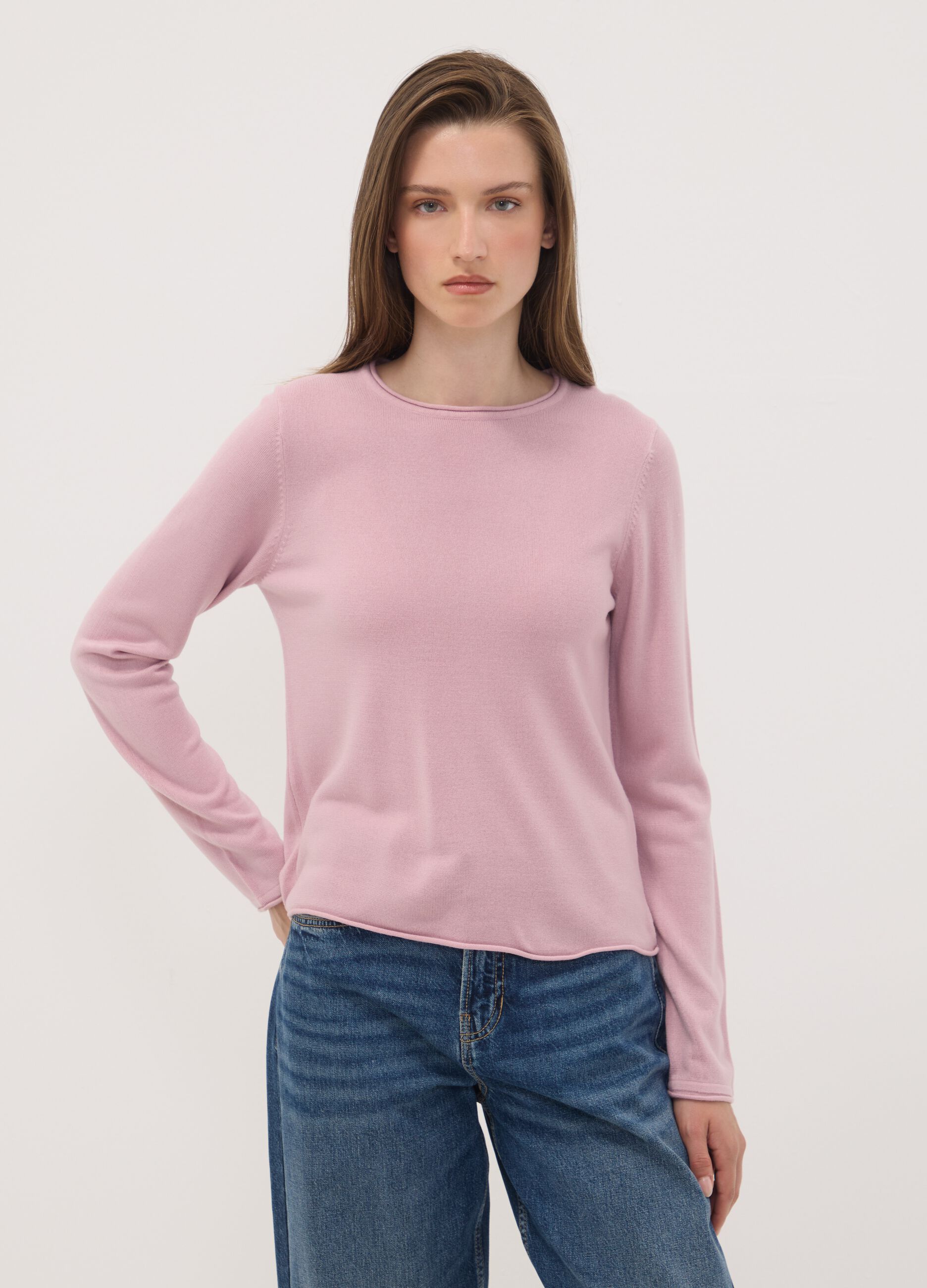Pink fitted long-sleeve crew-neck top