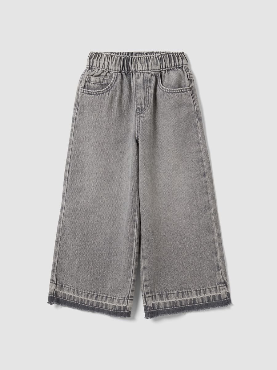 Girls' Grey Wide-Leg Pure Cotton Jeans with Elasticated Waist_0