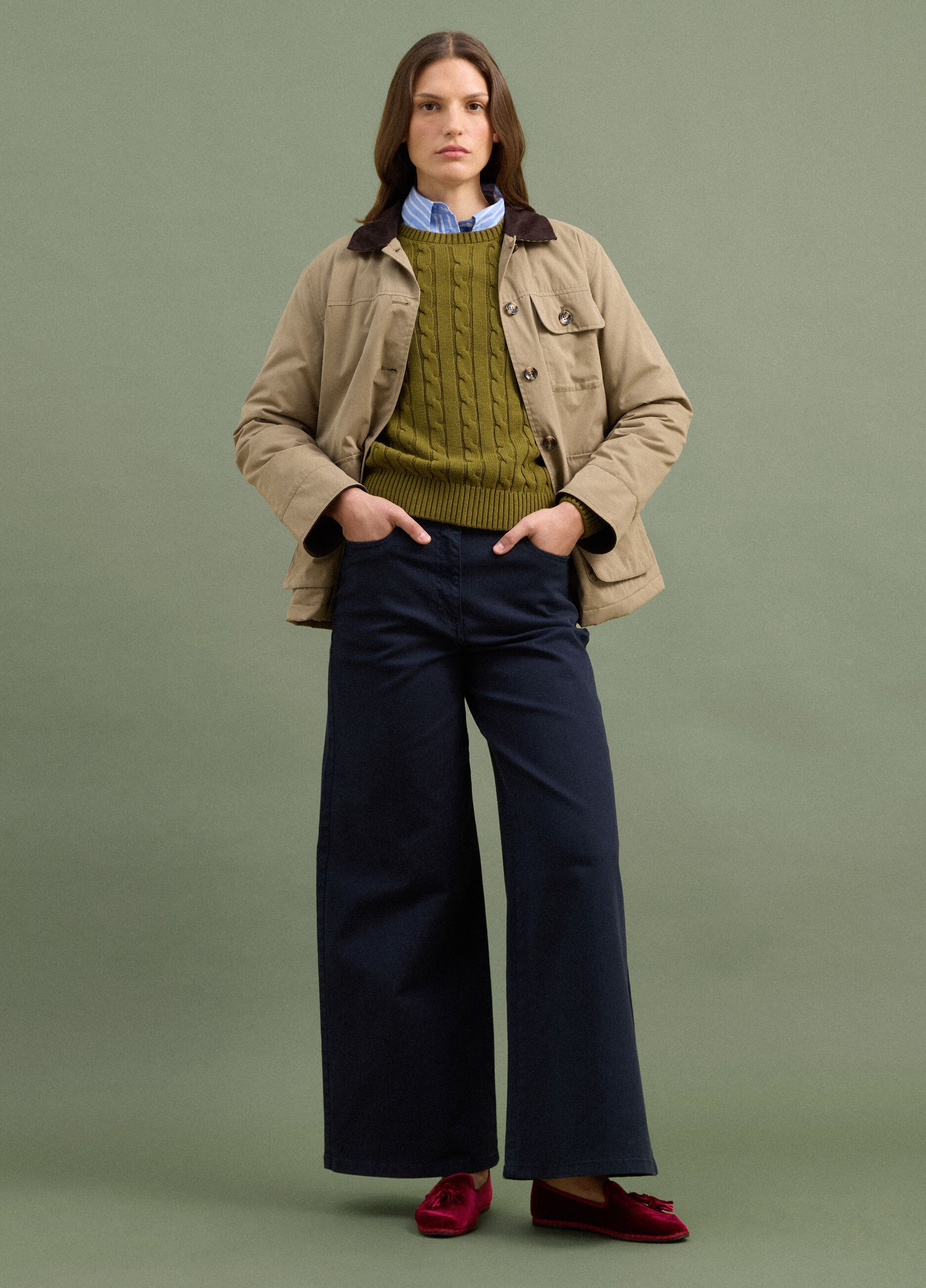 Navy stretch cotton wide-leg trousers