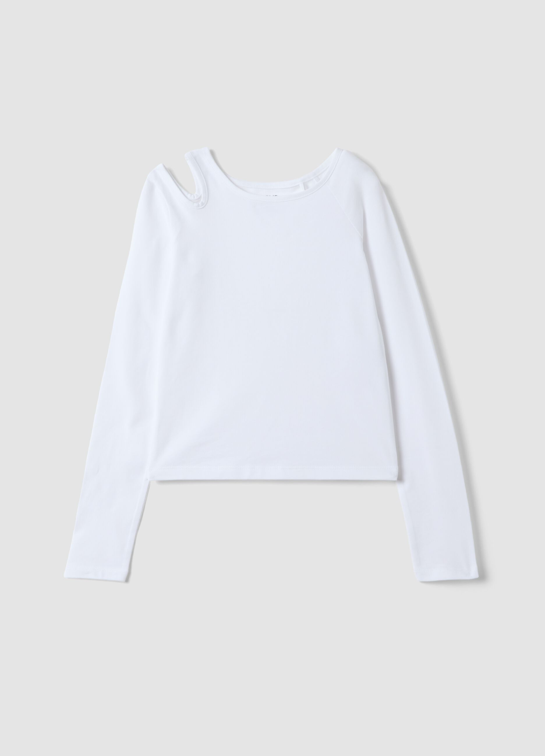 White organic stretch cotton T-shirt with shoulder cut-out for girls