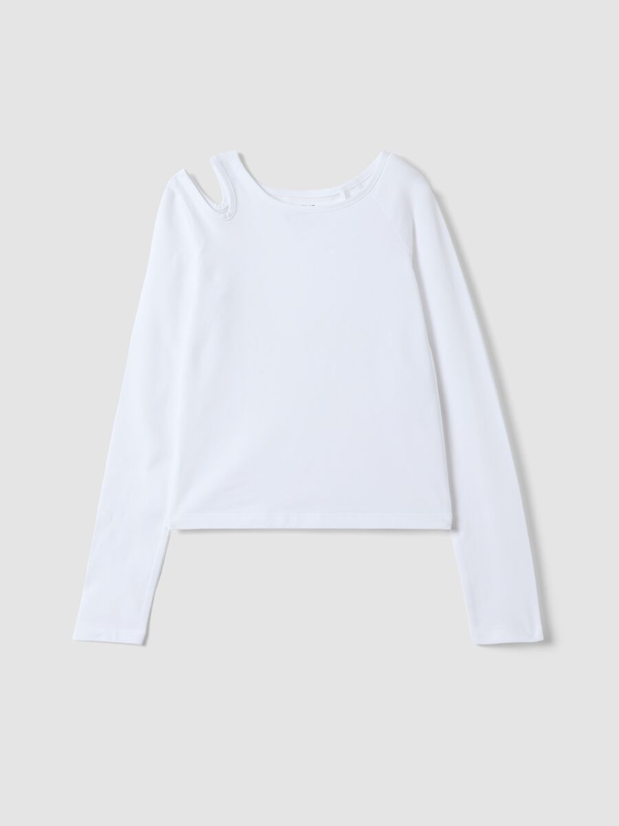White organic stretch cotton T-shirt with shoulder cut-out for girls_0