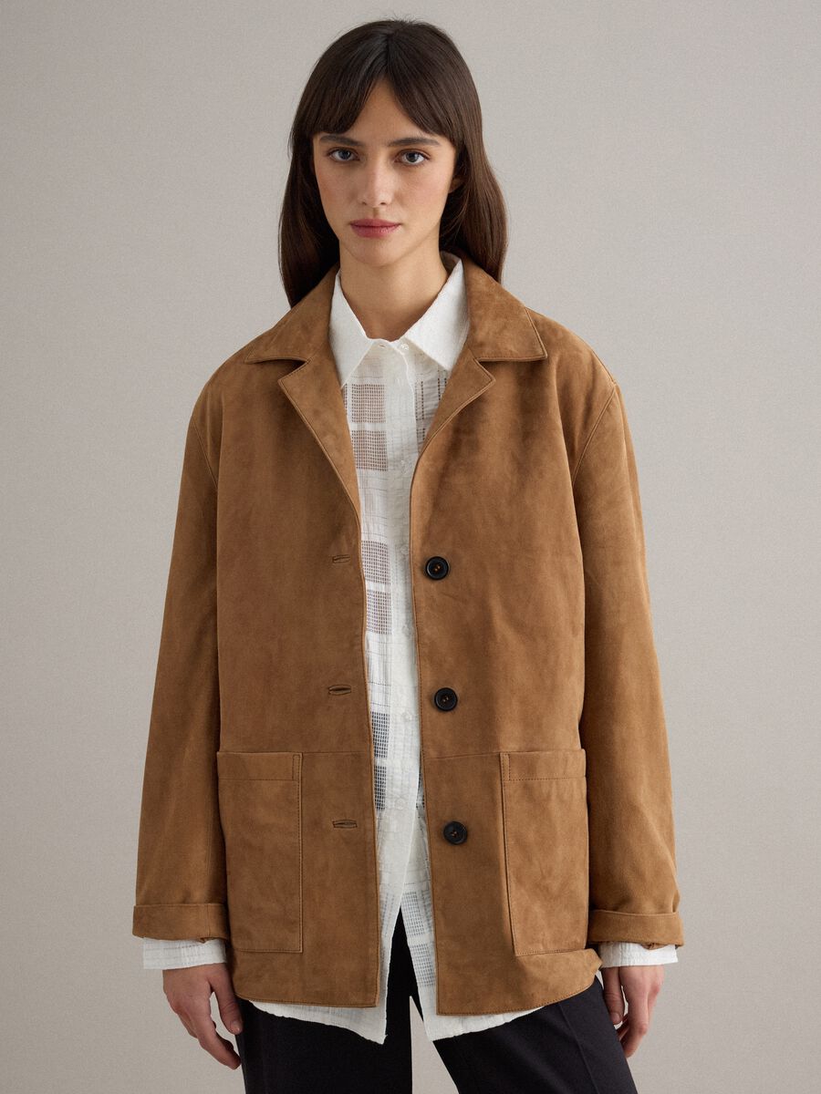 Brown genuine leather regular fit blazer with buttons_0